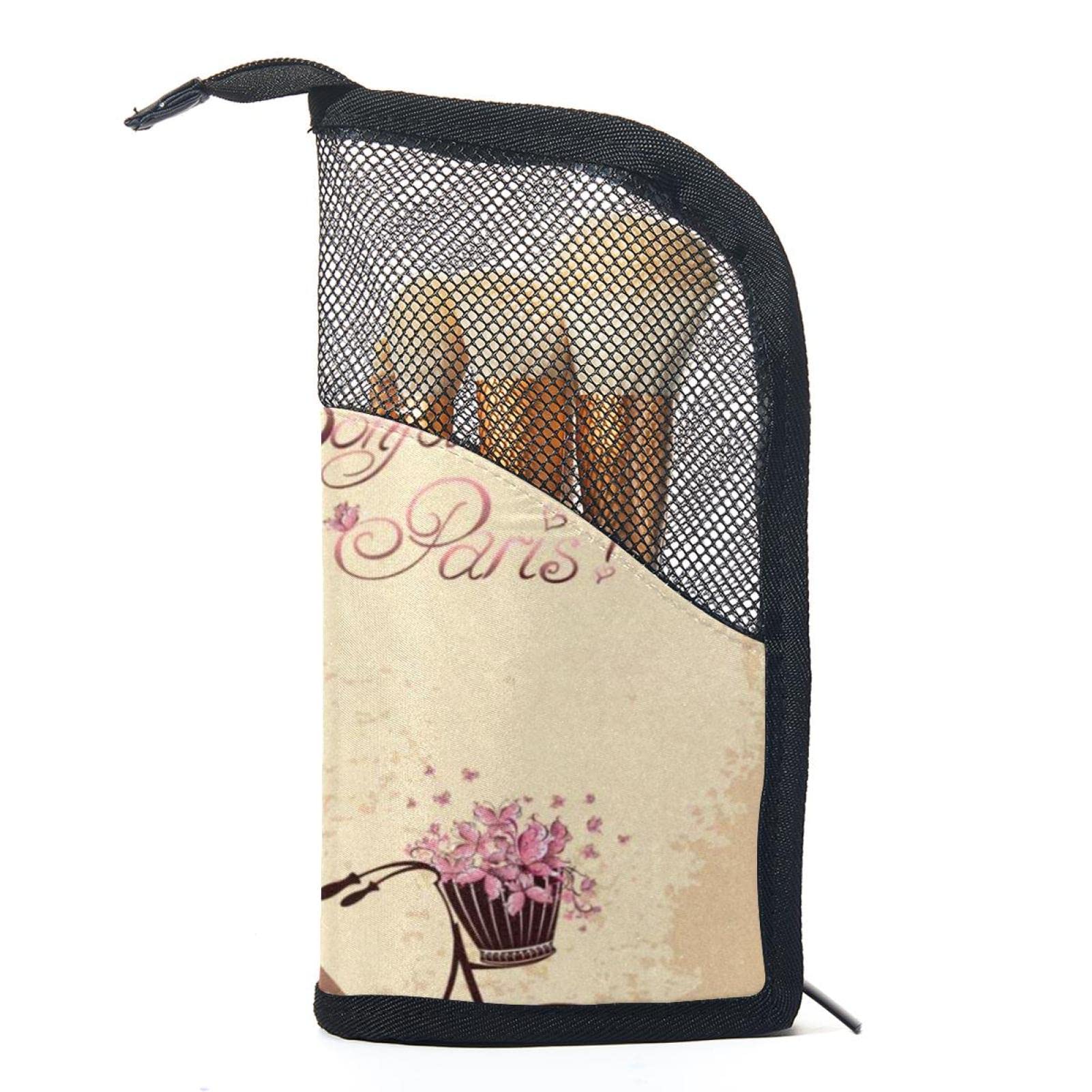 12-Piece Makeup Brush Organizer Bag with Paris Eiffel Tower & Bicycle Design - Portable Travel Cosmetic Brush Holder Case for Professional & Home Use