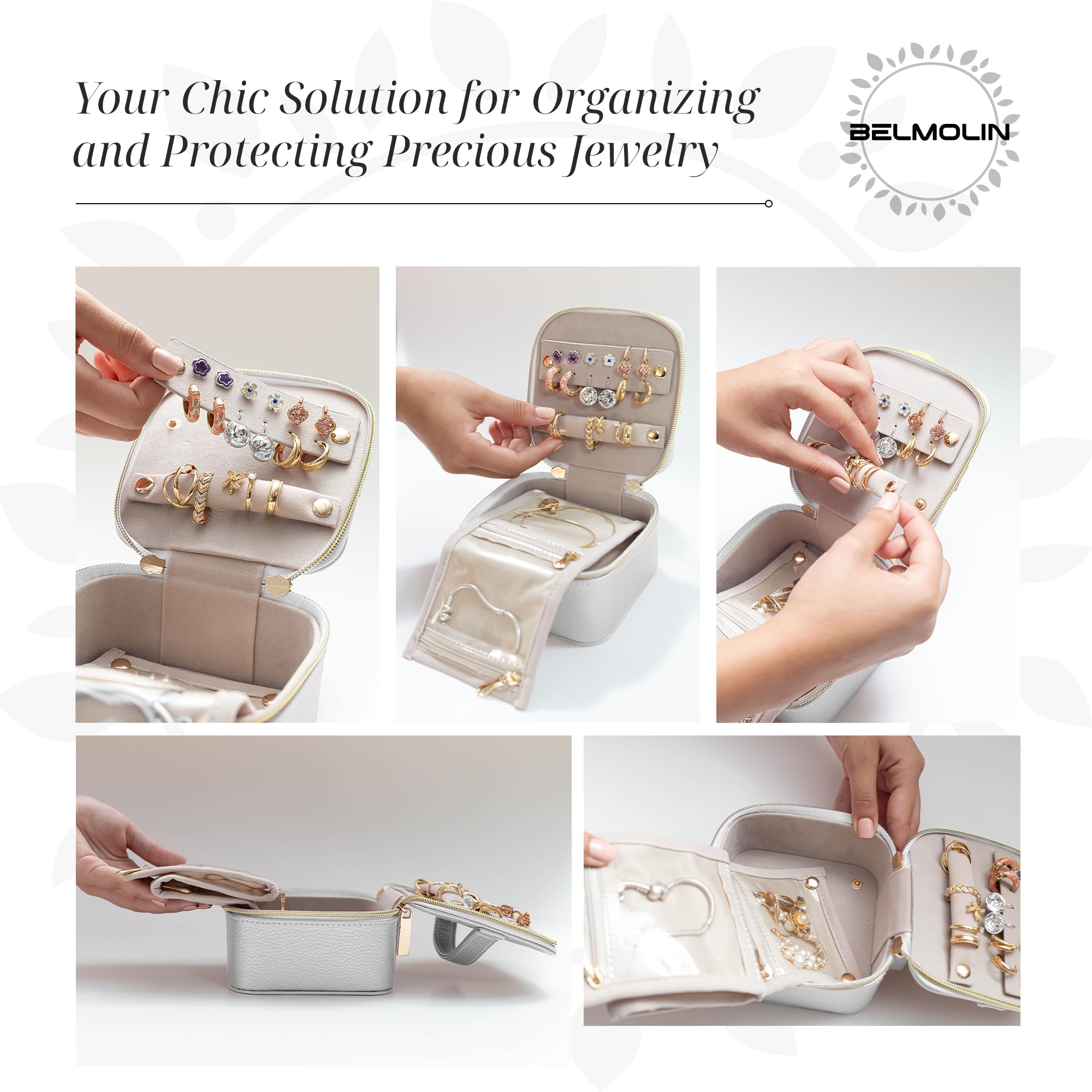 Premium Leather Travel Jewelry Organizer Case - Anti-Tangle Jewelry Storage Box for Women - Portable Jewelry Organizer with Multiple Compartments - Perfect for Vacation, Business Trips & Daily Use (Pearl White)