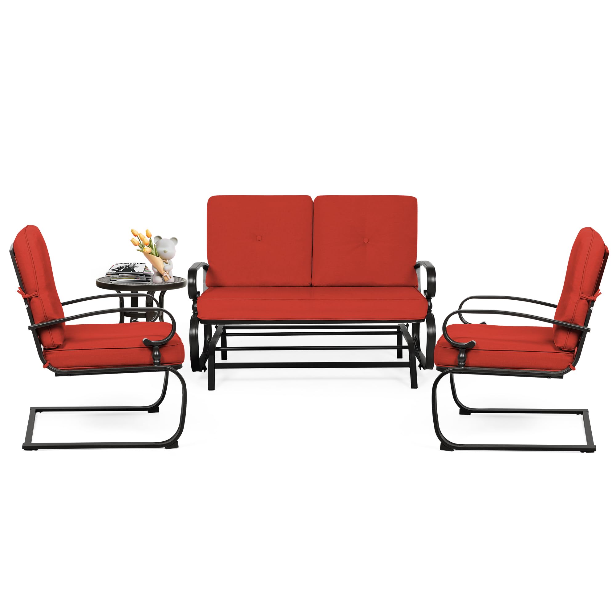 4-Piece Outdoor Patio Furniture Set - Glider Loveseat with 2 Spring Chairs & Coffee Table - Includes Red Cushions - Perfect for Garden, Backyard, Poolside or Deck Relaxation
