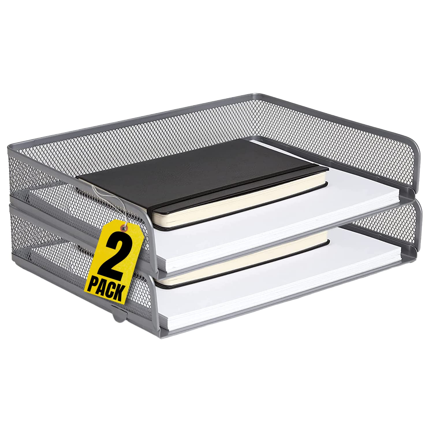 1InTheOffice Desk Tray & Letter Organizer - Stackable Side Load Silver Mesh File Holder (2 Pack) - Perfect for Home Office, School, or Workspace Organization