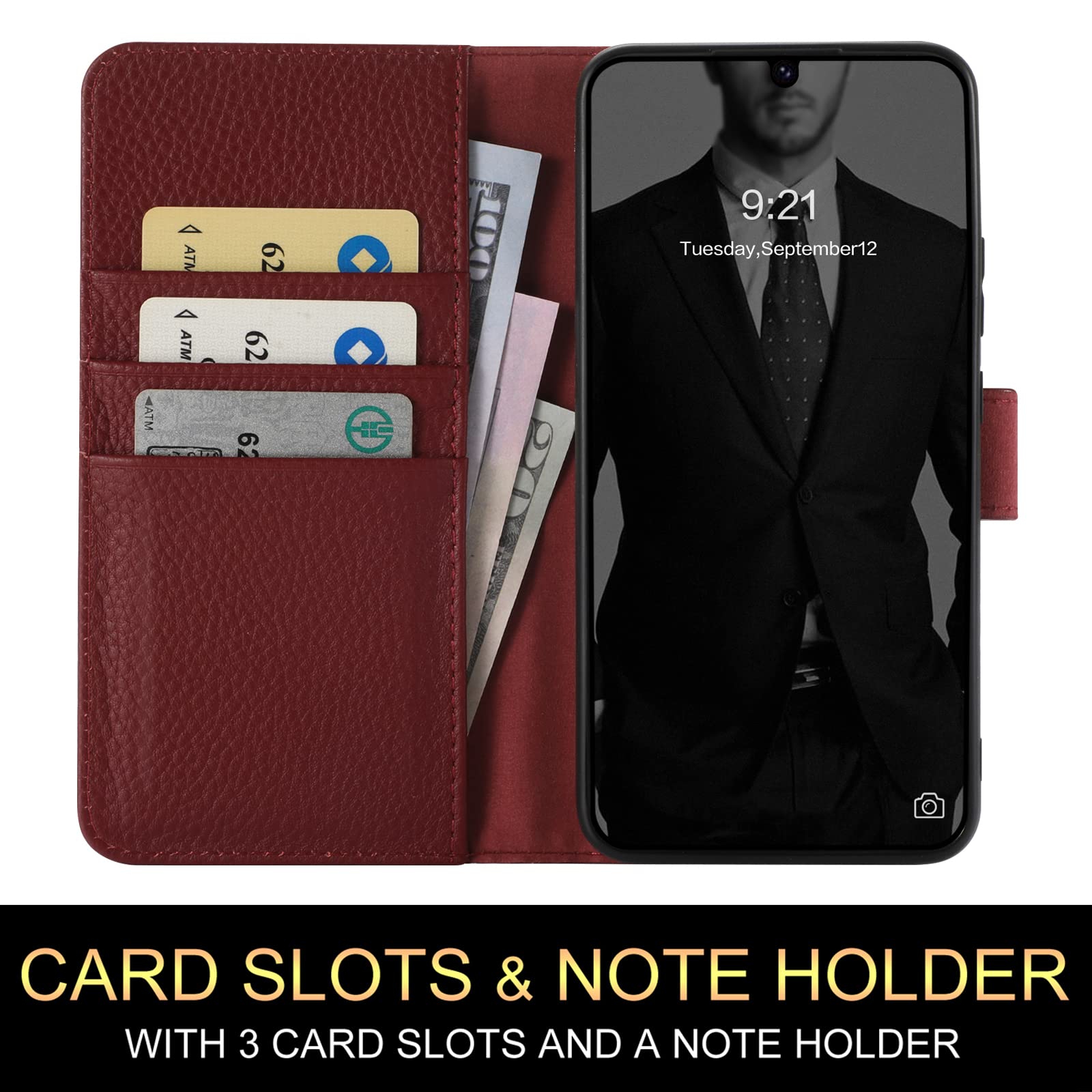 Google Pixel 6 Pro Wallet Case - Genuine Cowhide Leather RFID Blocking Flip Cover with Card Holder & Kickstand | Shockproof TPU Shell | Wine Red | Perfect for Business Travel & Daily Commute