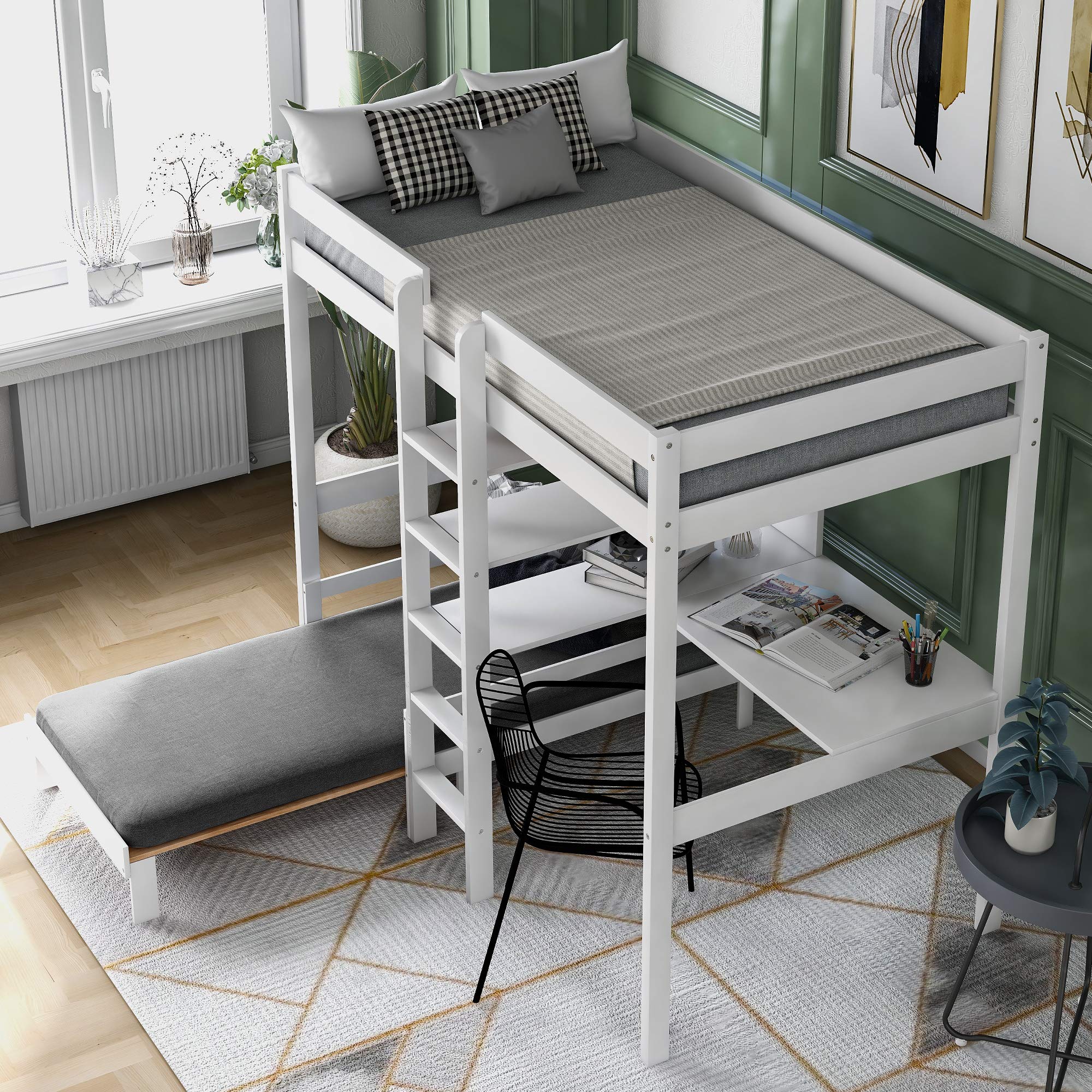 **Twin Loft Bed with L-Shaped Desk & Storage Shelves - Sturdy Wooden Loft Bed Frame with Guardrail & Ladder for Kids, Teens, Boys & Girls - No Box Spring Needed, White - Perfect for Small Bedrooms, Dorm Rooms & Study Spaces**