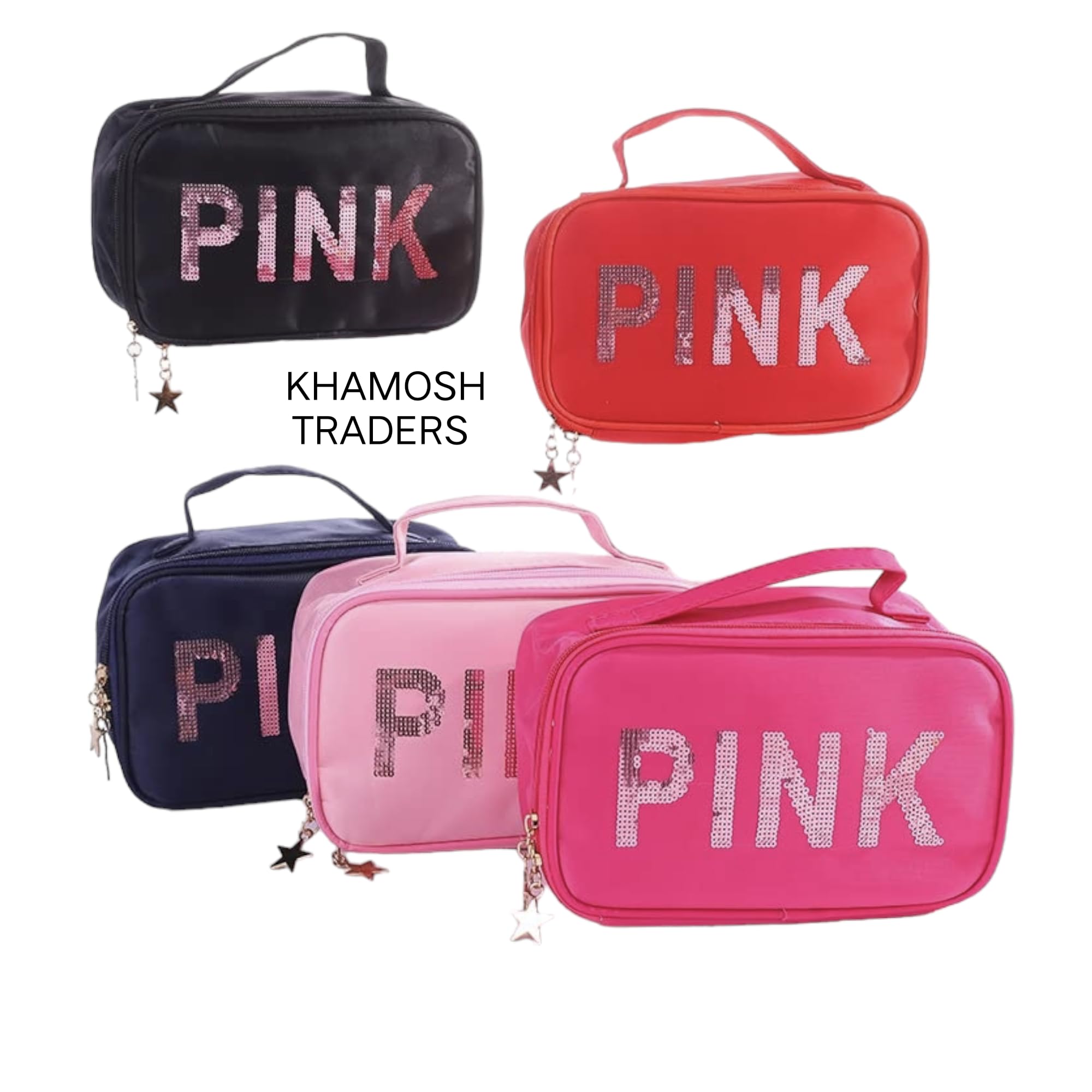 KHAMOSH TRADERS™ Pink Floral Cosmetic Makeup Travel Organizer Bag - Portable Zippered Storage Case for Women & Girls - Perfect for Travel, Gym, and Daily Essentials Organization