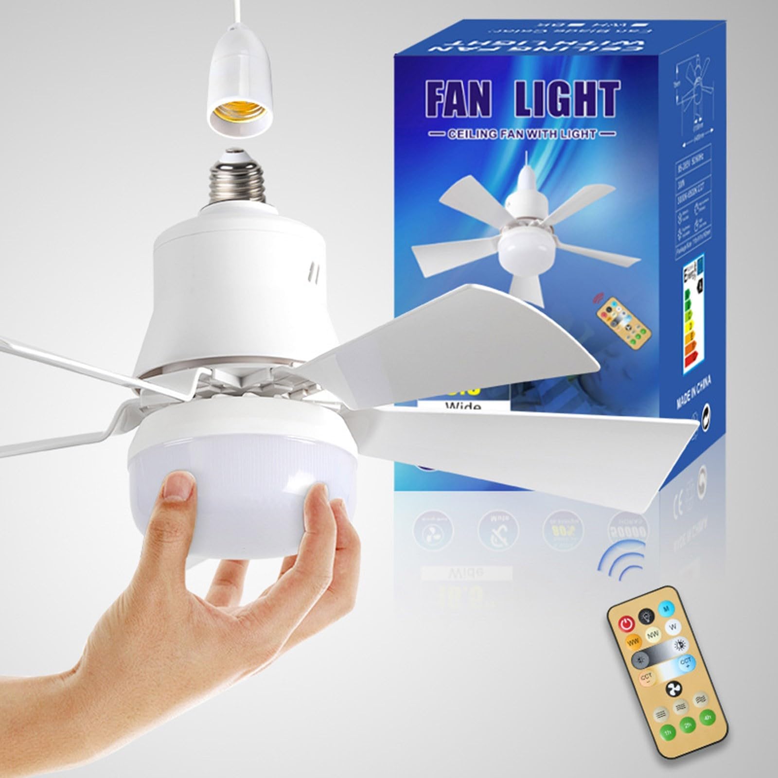 Dimmable LED Socket Fan Light with Remote - 3 Colors (3000K-6500K), 30W Screw-in Ceiling Fan Light Bulb for Bedroom, Living Room, Kitchen & Garage - Perfect for Home Cooling and Ambient Lighting