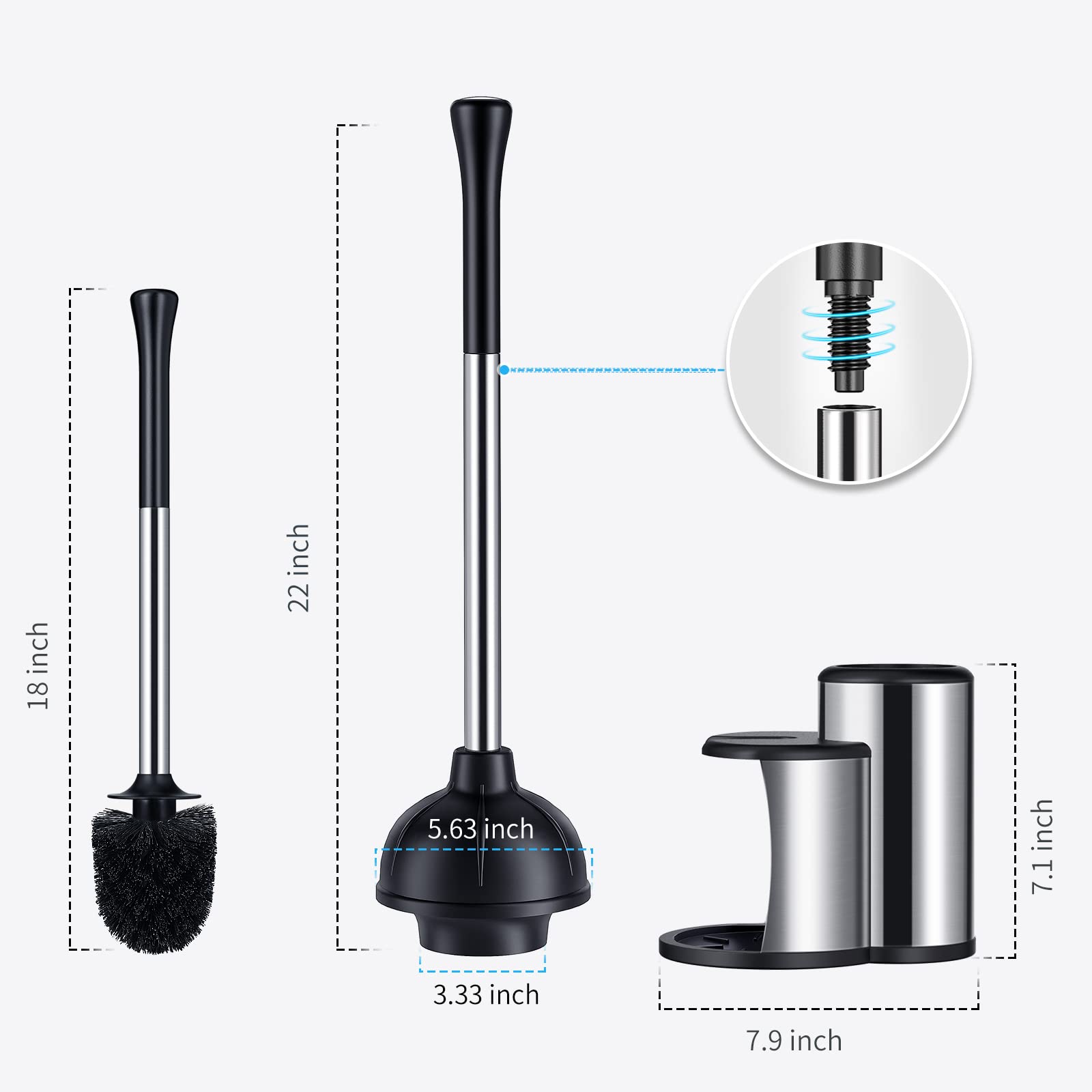 HAMITOR 2-in-1 Toilet Plunger & Brush Set - Heavy Duty Stainless Steel Bathroom Cleaner for Clog Removal & Scrubbing