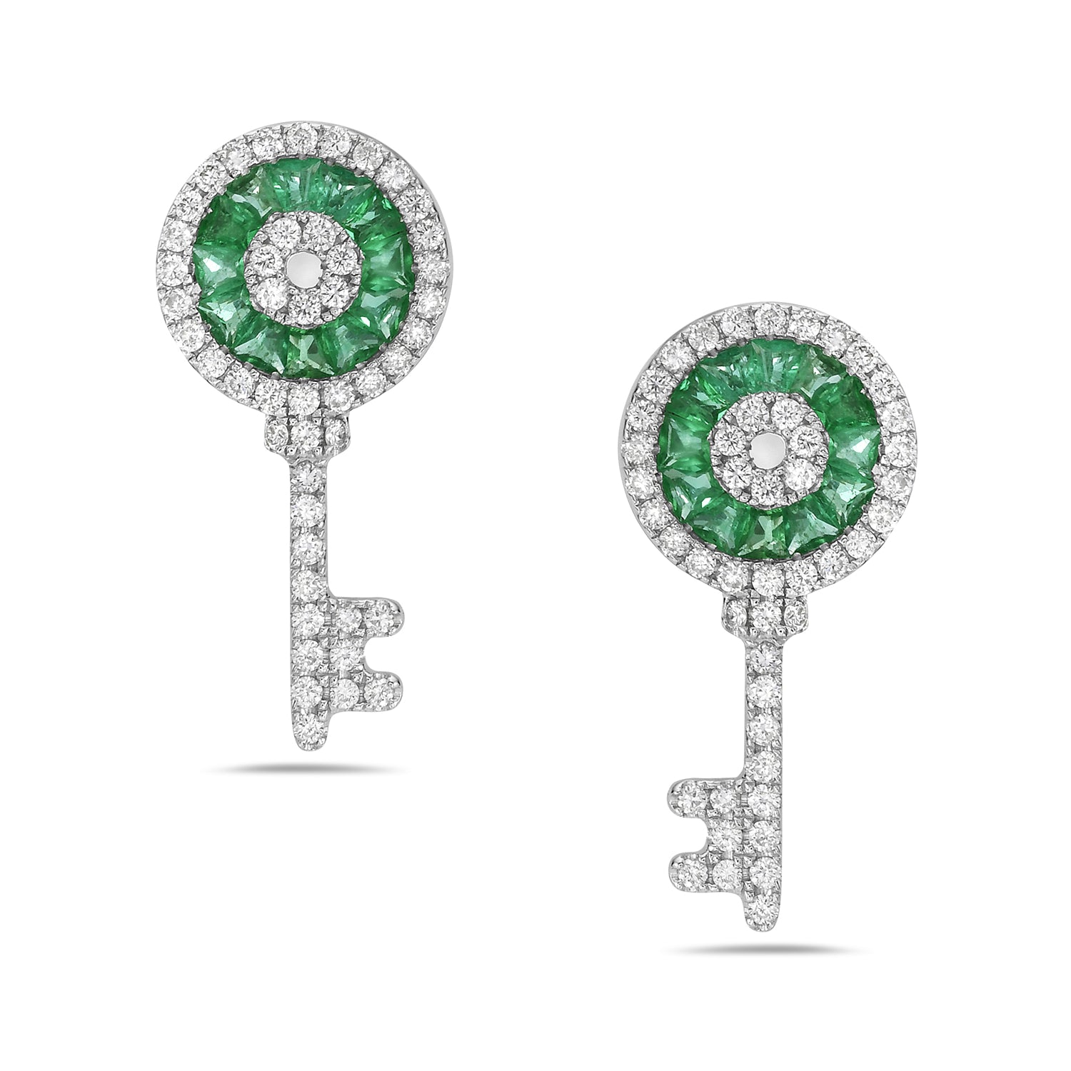 Channel Set Emerald Baguette Diamond Lock & Key Earrings in 14K White Gold - Elegant Jewelry Gift for Anniversary, Wedding & Special Occasions
