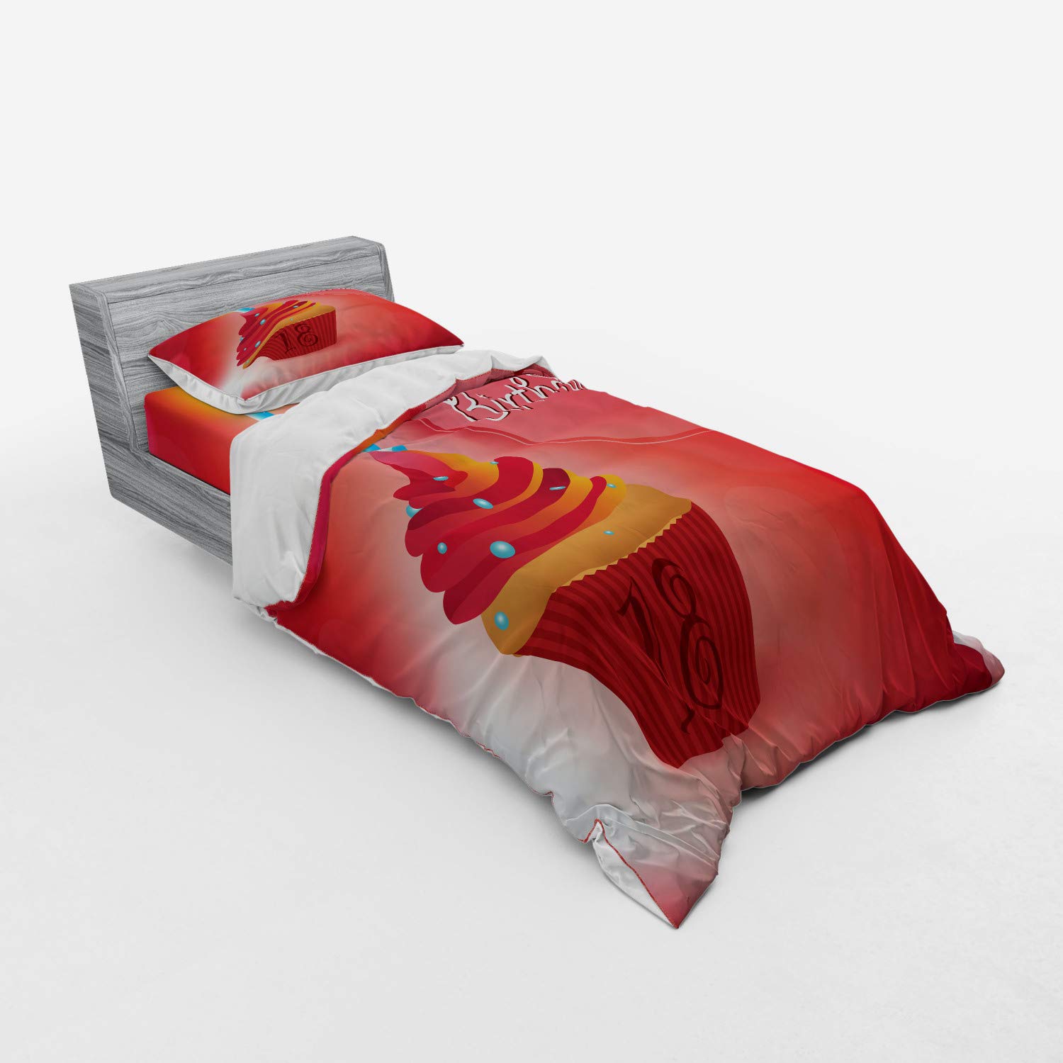 Ambesonne 18th Birthday Duvet Cover Set - 3 Piece Twin Size Bedding with Sham & Fitted Sheet, Hot Pink Red Orange Cupcake with Candles Print - Perfect for Teen Bedroom Decor & Birthday Party Decorations