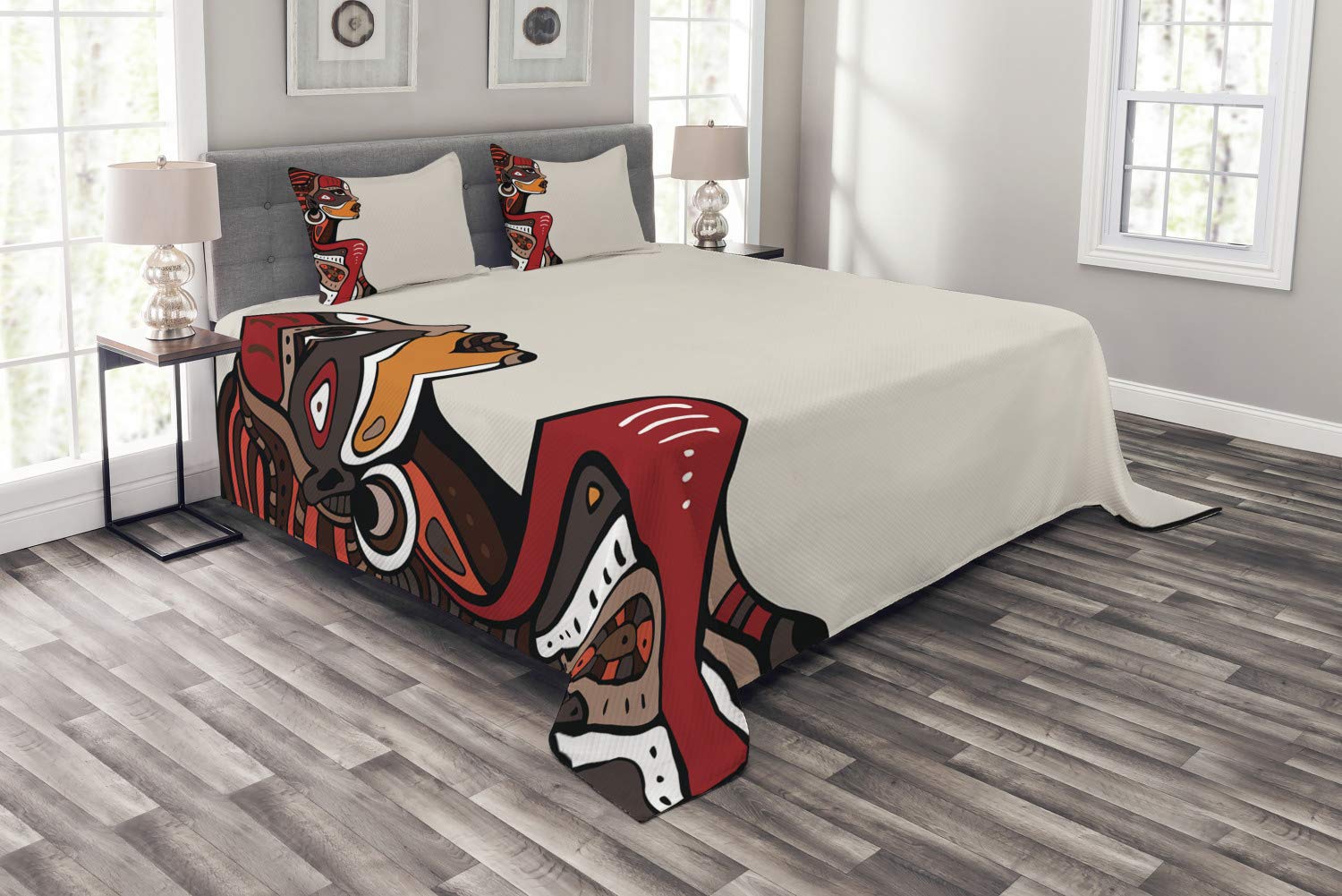 Ambesonne African Bedspread Set - 3 Piece King Size Bedding with Tribal Tattoo Girl Design, Decorative Coverlet & 2 Pillow Shams, Multicolor Ethnic Home Decor for Bedroom, Living Room or Guest Room