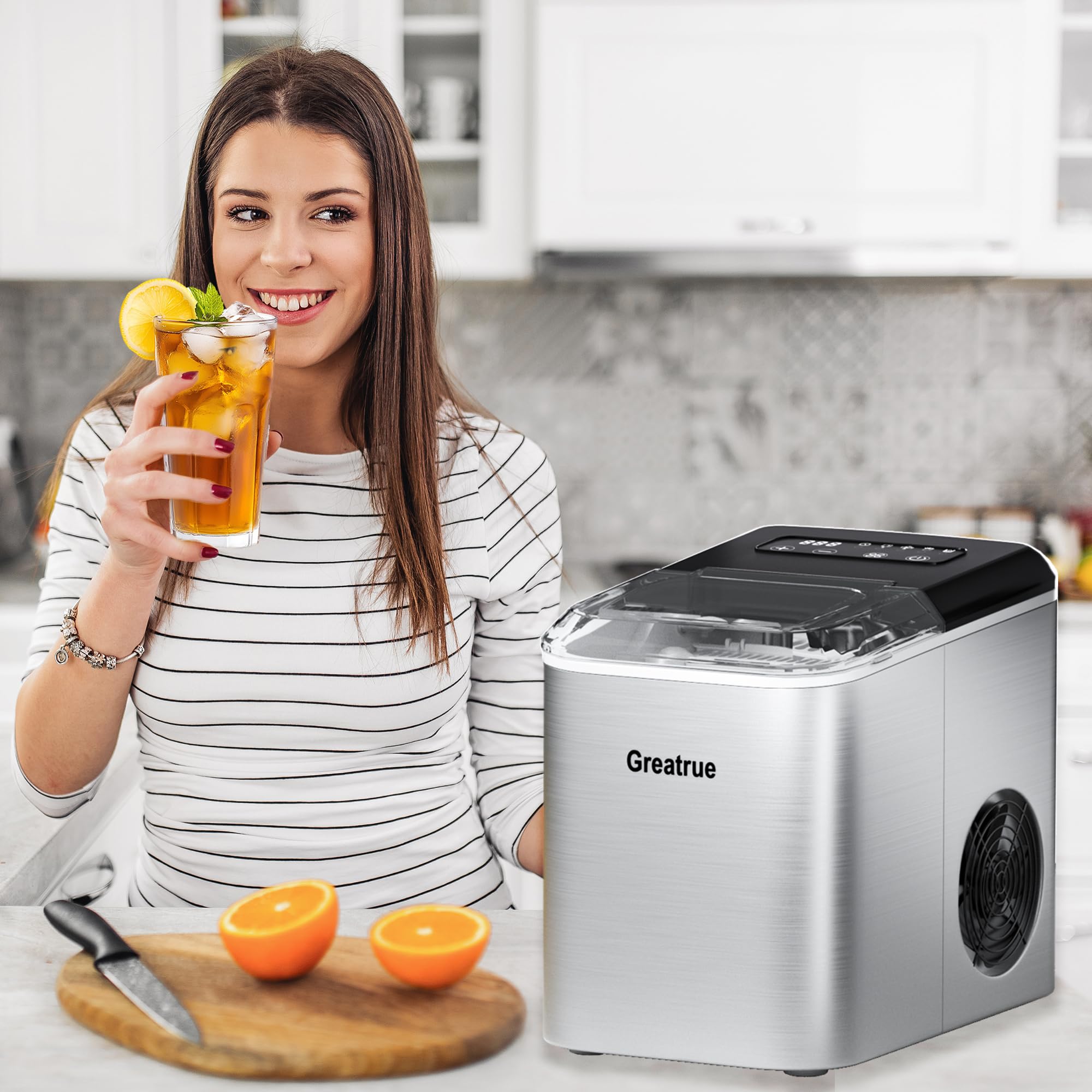 Portable Countertop Ice Maker Machine - 9 Ice Cubes in 6 Minutes, 33 Lbs Daily Output, 2 Size Options, Self-Cleaning & Ultra Quiet - Perfect for Home, Office, Kitchen, RV, Camping & Outdoor Parties (Stainless Steel)