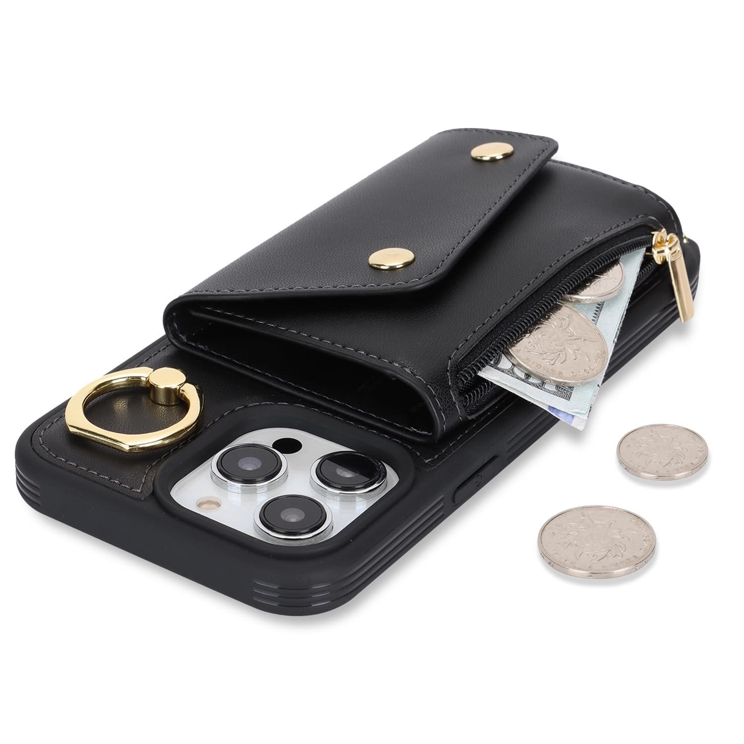 Premium iPhone 15 Pro Case with Card Holder & Crossbody Strap - 6.1 Inch Wallet Phone Case Featuring Zipper Pocket, Stand Ring & Credit Card Slots (Black) - Perfect for Women's Daily Use, Travel, Shopping & Hands-Free Convenience
