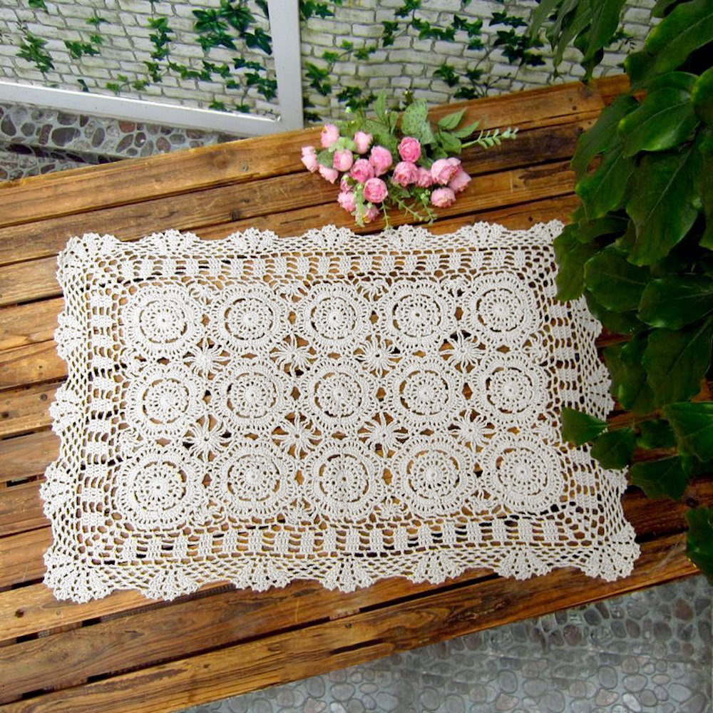 Handmade Cotton Crochet Lace Table Runner - 19x23 Inch White Rectangular Tablecloth for Dining Table, Dresser, or Wedding Decor | Elegant Doily & Home Decoration Scarf