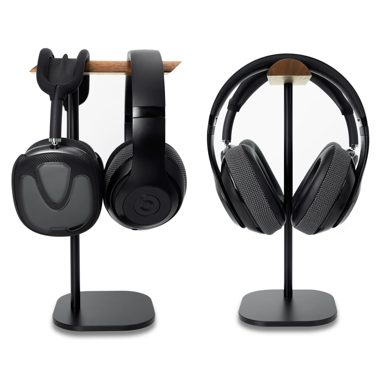 Premium Walnut Wood Headphone Stand with Aluminum Alloy Rod - Dual Headset Holder for Desk, Supports Suspension Hanging - Perfect for Gaming, Office & Home Studio Setup