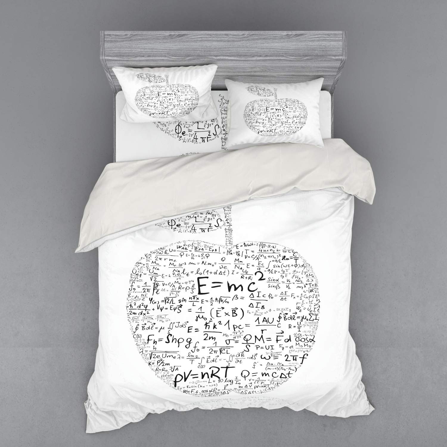 Ambesonne Science Themed Duvet Cover Set - Equations & Formulas Apple Design for Students & Teachers, 3-Piece Queen Size Bedding Set with Pillow Sham & Fitted Sheet, Black & White - Perfect for College Dorms, Science Classrooms & Nerdy Bedrooms