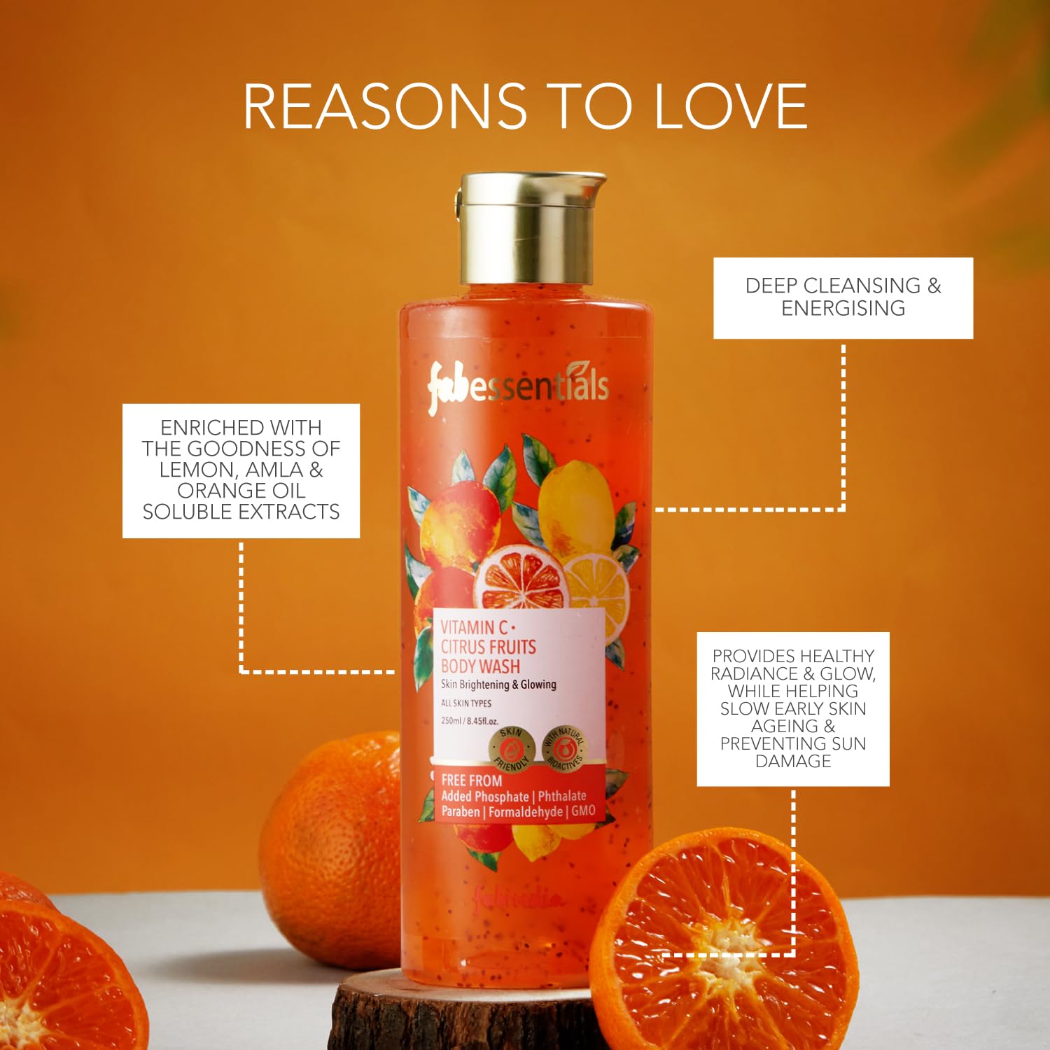 Fabessentials Vitamin C Citrus Fruits Body Wash - 250ml | Orange Oil, Lemon, Amla & Apricot Seed | Deep Cleansing, Energizing, Brightening & Radiant Glow | Moisturizing Body Lotion for Dry Skin | Perfect for Morning Shower & Post-Workout Refreshment