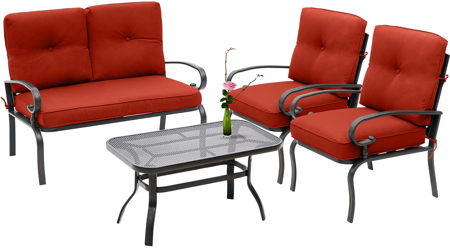 4-Piece Outdoor Metal Patio Furniture Set - Wrought Iron Conversation Set with Loveseat, Coffee Table & 2 Chairs - Steel Frame Garden Seating with Red Cushions - Perfect for Backyard, Deck, Poolside or Patio Relaxation