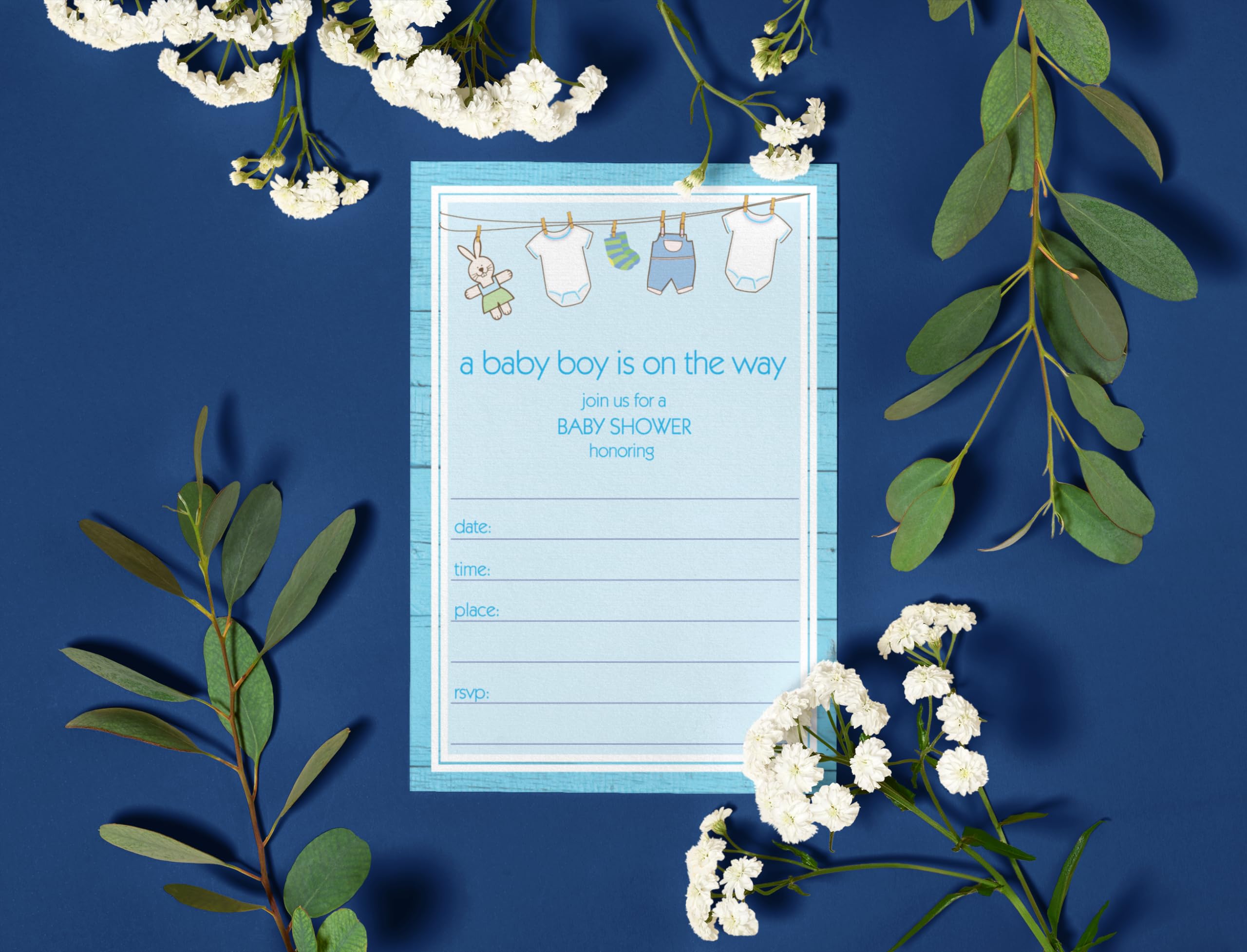 Stonehouse Collection | 25 Rustic Baby Boy Shower Invitations with Envelopes | Gender Reveal & Newborn Celebration | Perfect for Woodland Theme Nursery Decor & First Birthday Parties
