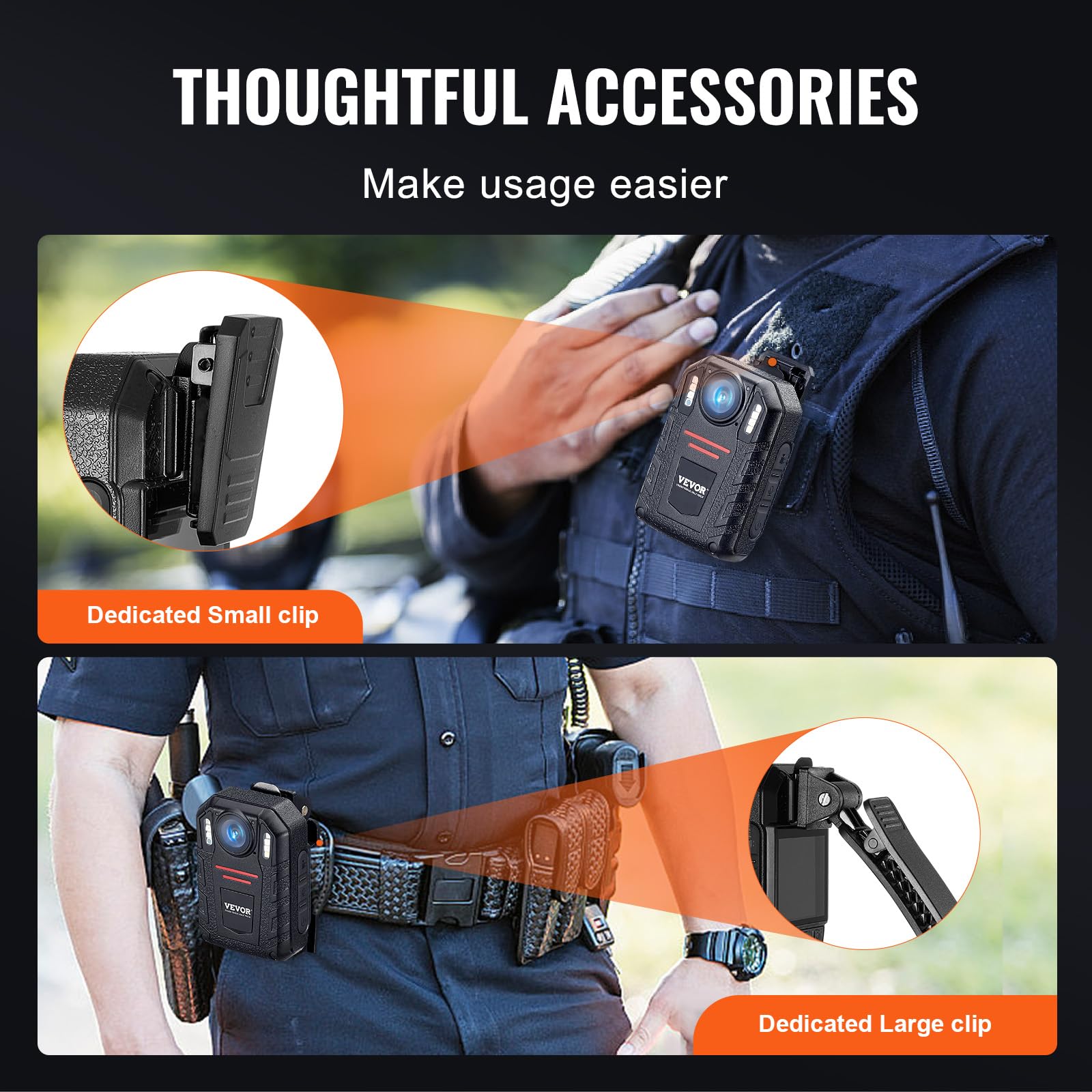 VEVOR 1440P HD Police Body Camera with Night Vision - 64GB Body Cam with Audio Video Recording, 2850mAh Battery, 2