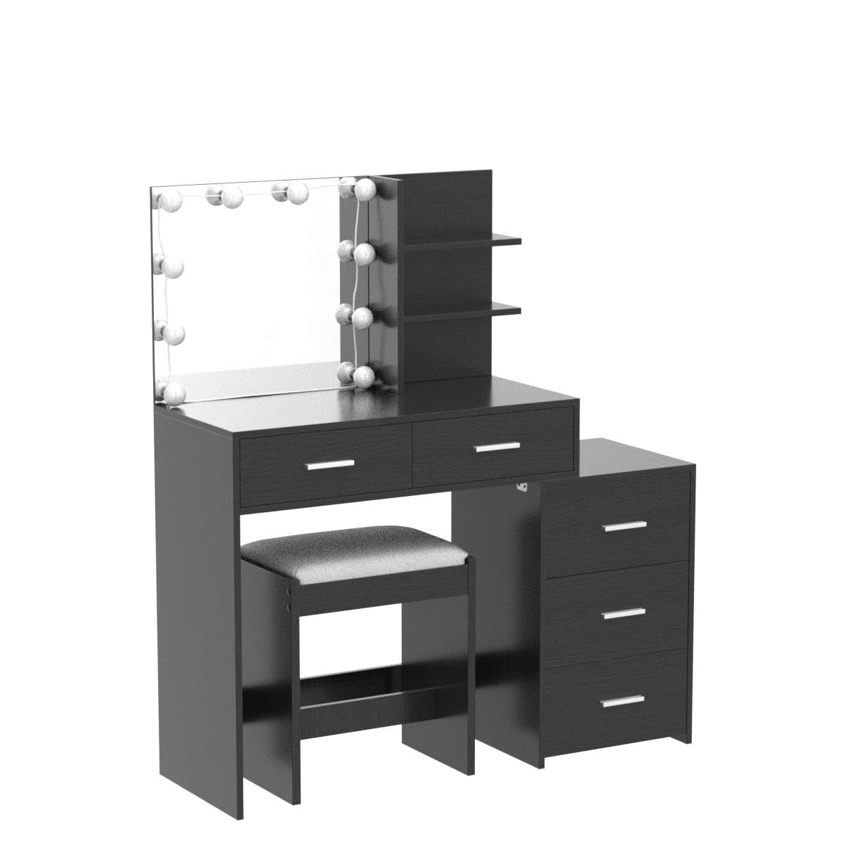 USIKEY 43.5 Inch Large LED Makeup Vanity Desk Set with Mirror, 10 Adjustable Lights, 5 Storage Drawers & Stool - Modern Dressing Table with Shelves for Women & Girls (Black) | Perfect for Bedroom, Dorm Room & Beauty Salon Organization
