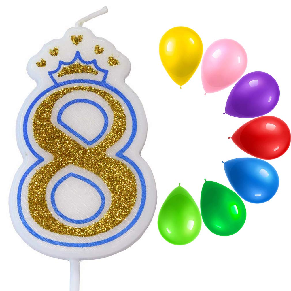 8 Inch Glitter Birthday Cake Candles - Number 8 Candle with Colorful Balloons for Cake Topper Decoration | Perfect for Kids, Boys, Girls & Adults Birthday Parties | Ideal for Birthday Cakes, Cupcakes & Dessert Decorations