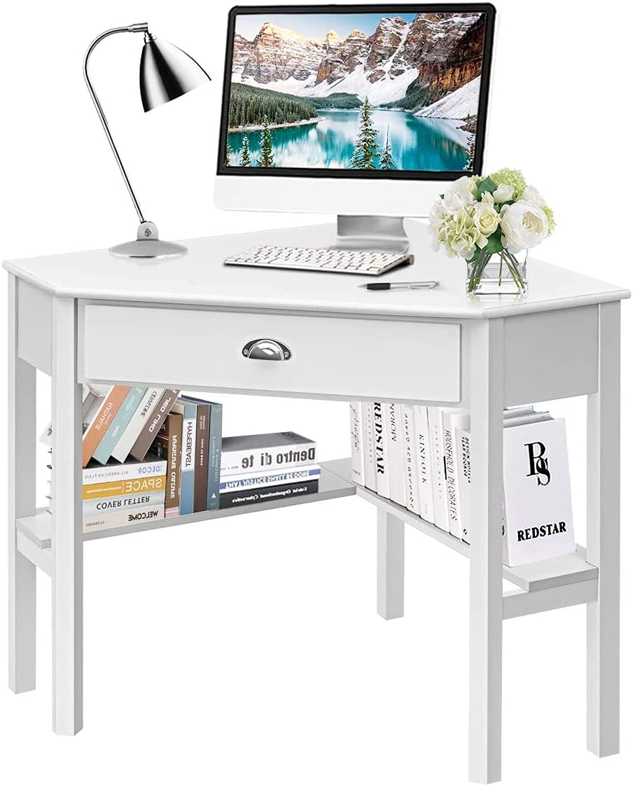 HOMGX White Corner Desk with Storage Drawer & Shelves - Compact Wooden Study Computer Desk for Home Office, Laptop Workstation | Perfect for Small Spaces, Dorm Rooms & Cozy Work Areas