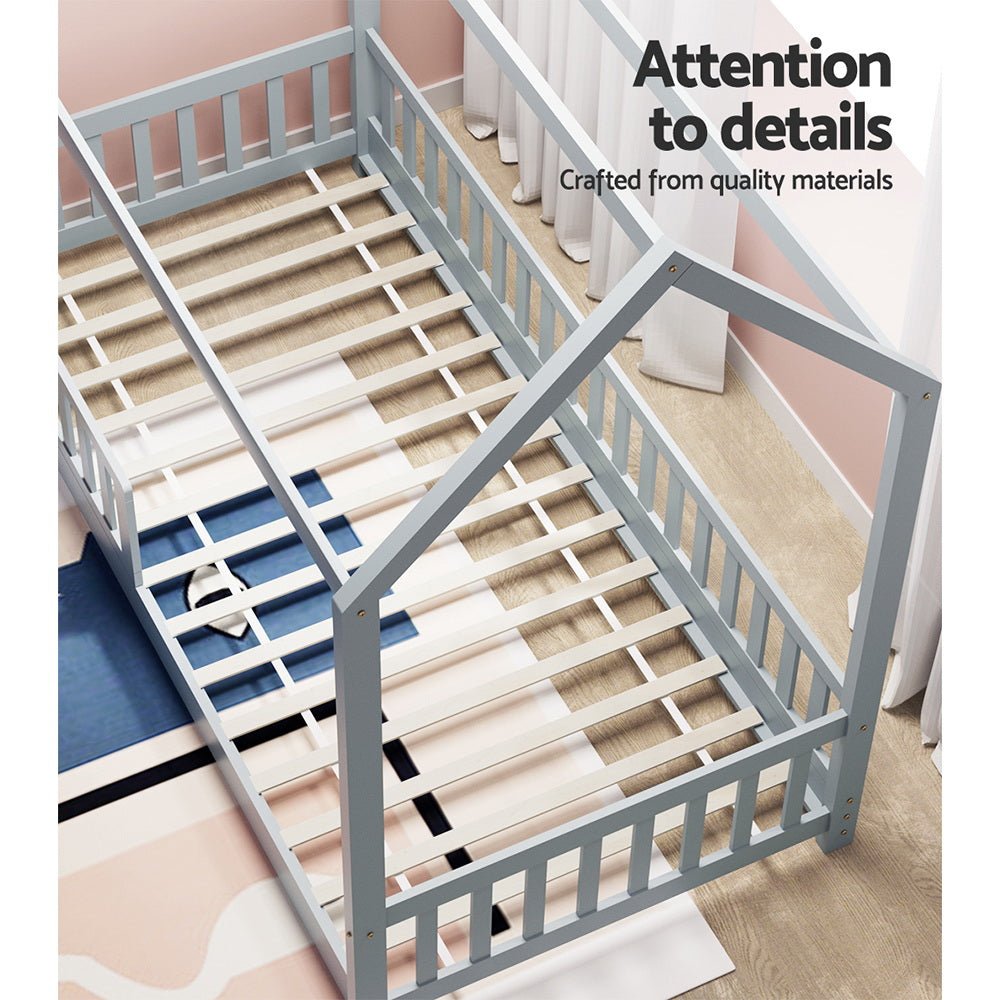 House Style Kids Single Bed Frame - Sturdy Grey Wooden Bed for Children's Room, Toddler Bedroom Furniture, Perfect for Small Spaces and Sleepovers