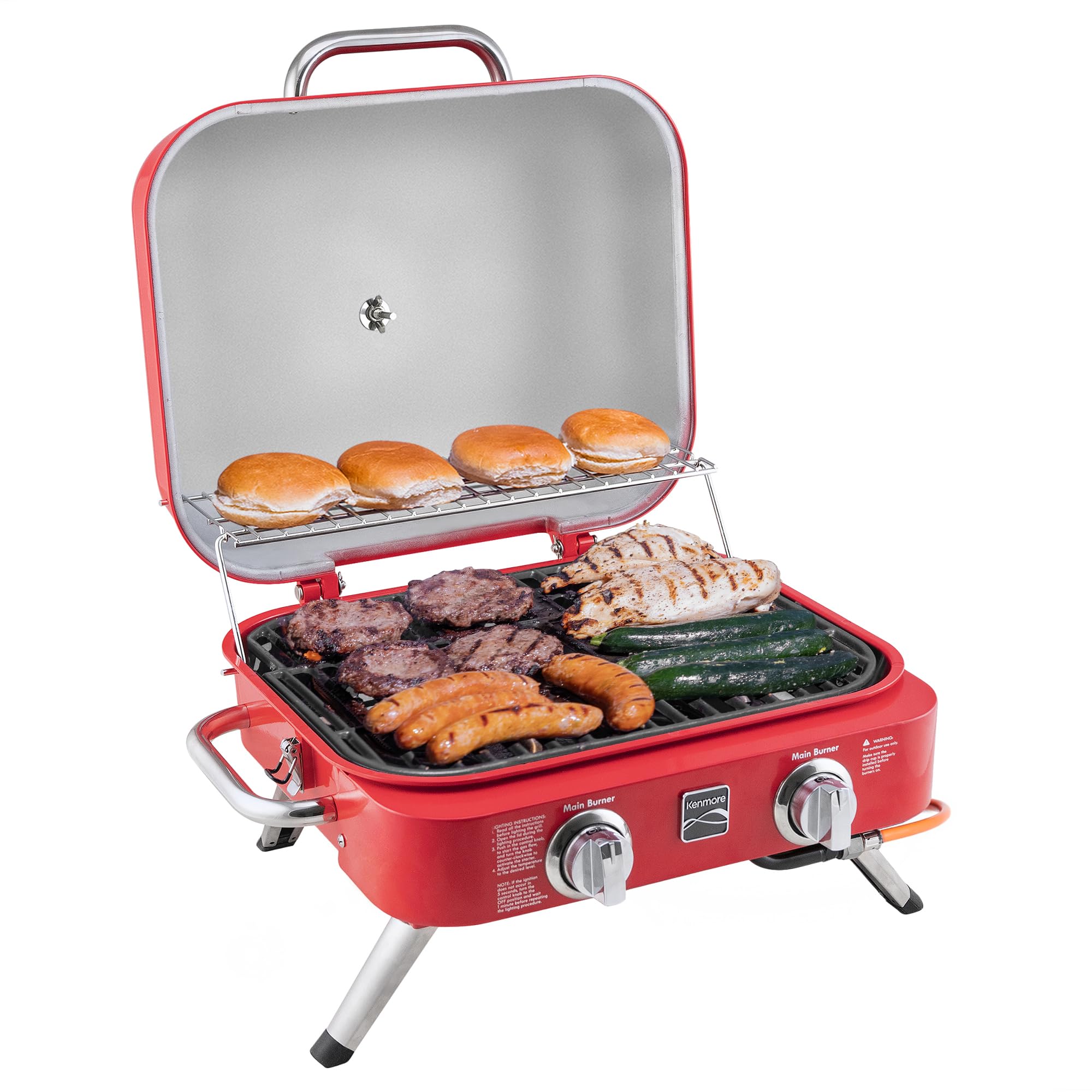 Kenmore Portable Propane Gas Grill - 2 Burner Tabletop BBQ Grill with 14,000 BTUs & Warming Rack, Stainless Steel Outdoor Cooking for Camping, Picnics, Tailgating, and Backyard Parties (Red)
