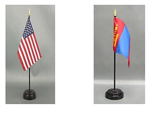 Premium 4x6 Inch Mongolia & American Desk Flag Set - USA Made Rayon Office & Hand Waving Table Flags with 2 Sturdy Stands - Perfect for Office Decor, International Events & Patriotic Displays