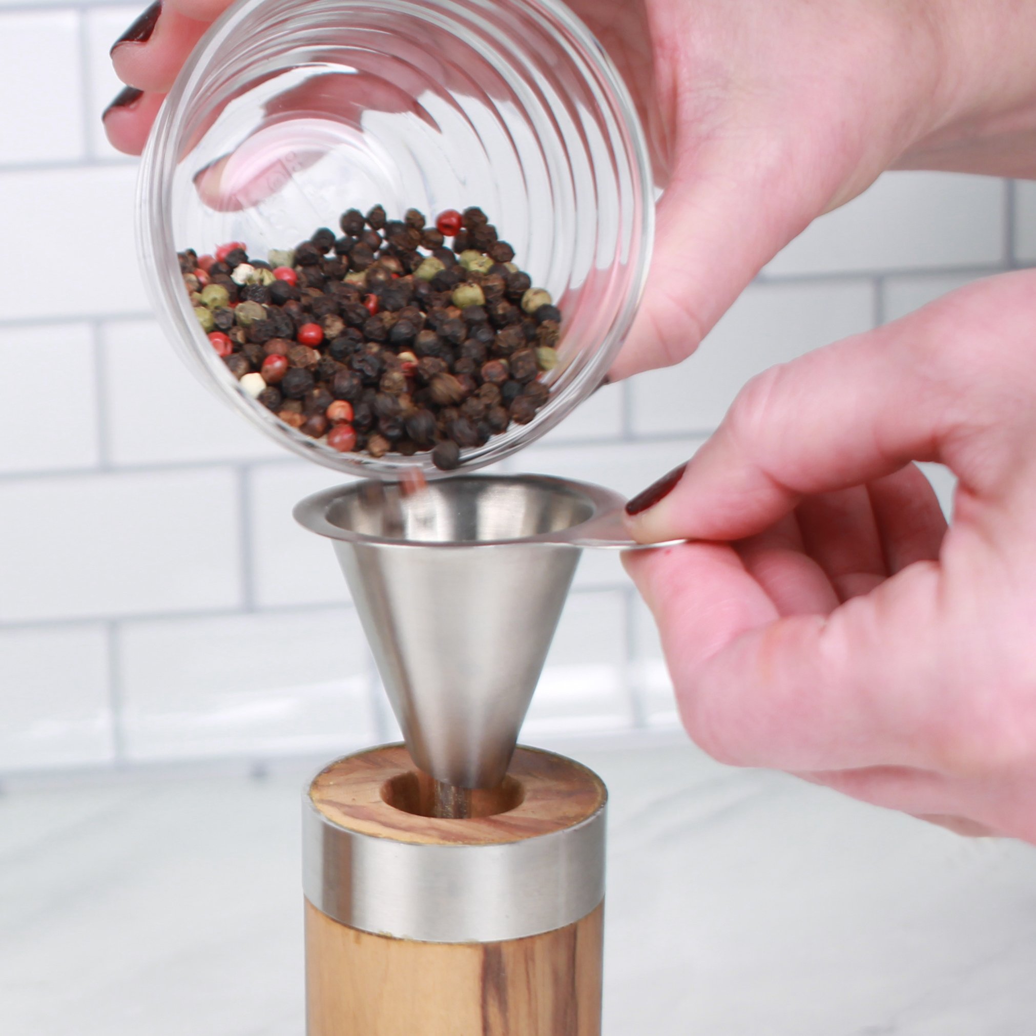 RSVP International Endurance Collection Stainless Steel Kitchen Spice Jar & Oil Bottle Funnel - Dishwasher Safe with Angled Spout for Easy Pouring | Perfect for Cooking, Baking & Meal Prep