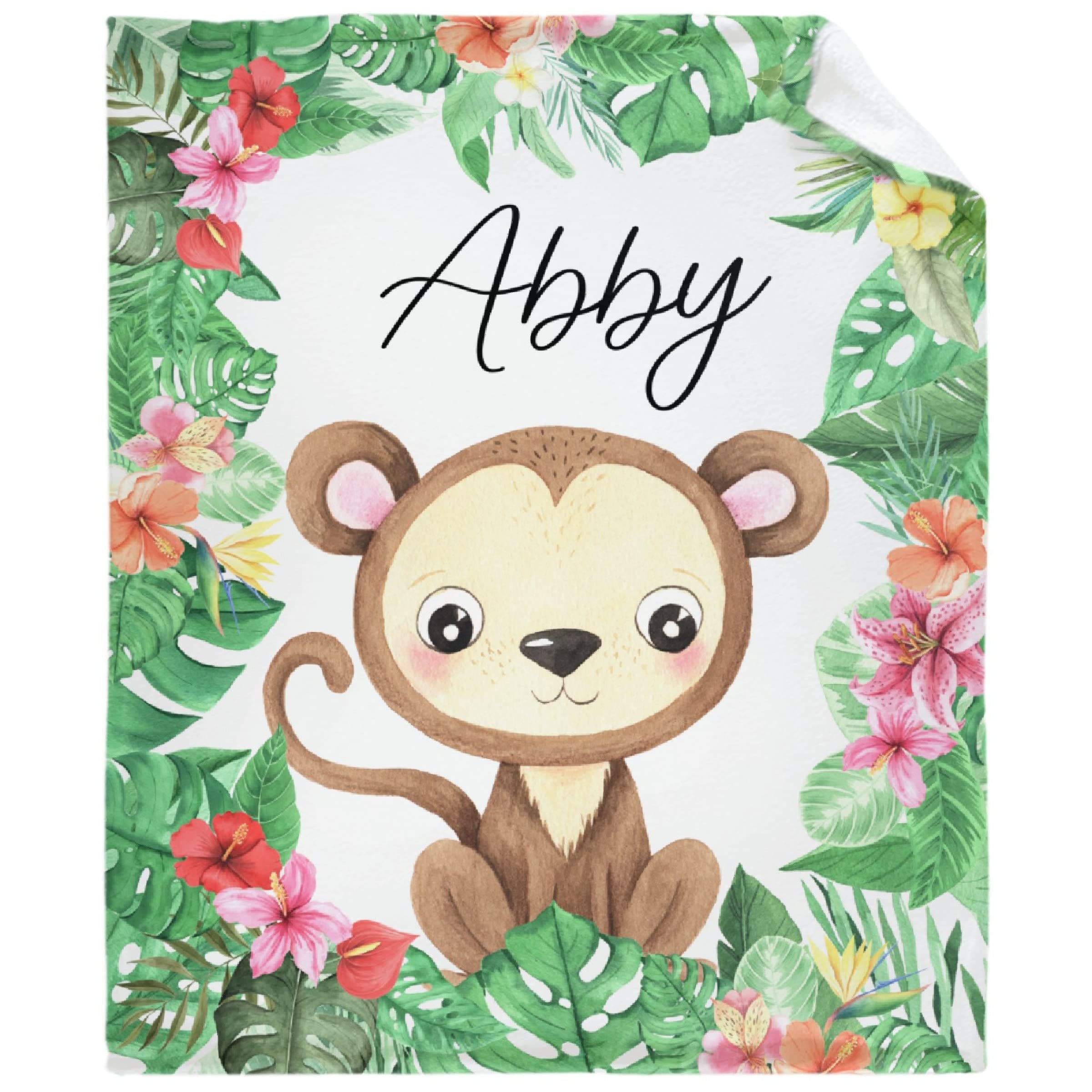 Custom Personalized Throw Blanket with Name & Text - Tropical Floral Monkey Design for Kids, Adults & Family - 90
