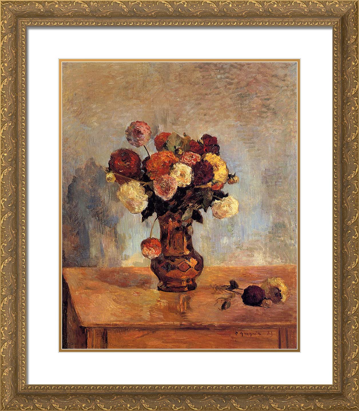 Paul Gauguin 'Dahlias in a Copper Vase' 20x23 Inch Gold Ornate Framed Art Print with Double Matting - Premium Wall Decor for Living Room, Bedroom & Office