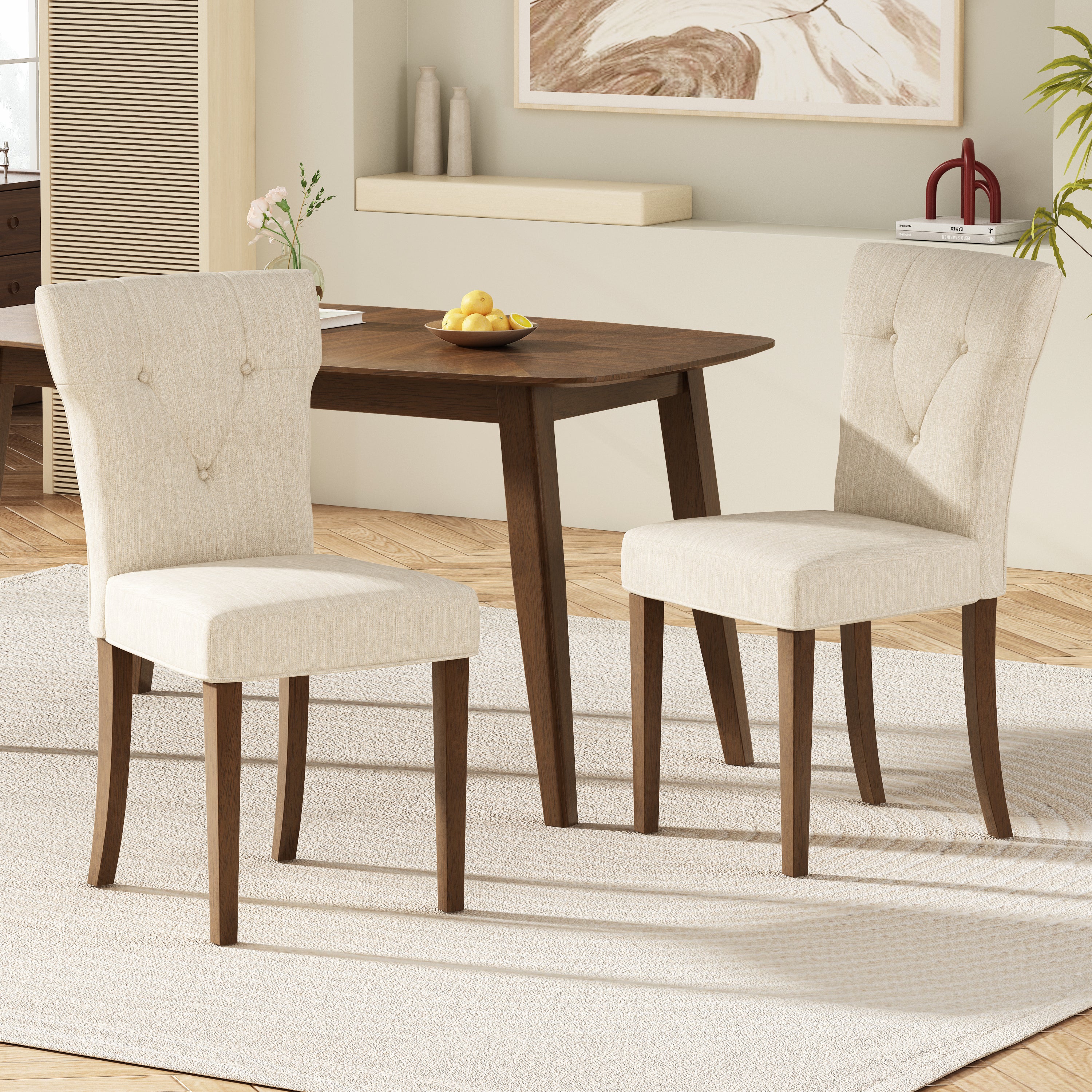 2 Pack Upholstered Dining Chairs Set - Modern Kitchen & Dining Room Chairs with Padded Seat & Backrest, Cream Fabric - Perfect for Breakfast Nook, Small Space Dining, and Home Decor