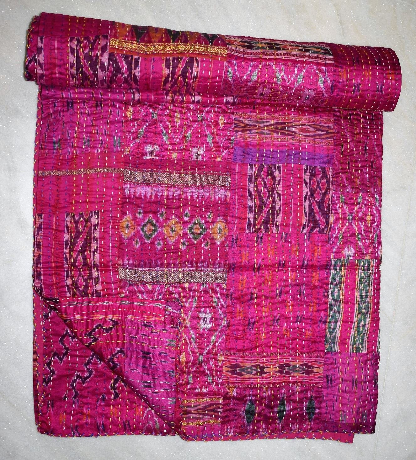 Gypsia Studio Vintage Silk Patch Kantha Blanket - Handmade Quilt Queen Size Bedspread | Boho Chic Throw Blanket & Bed Cover for Cozy Home Decor, Guest Room, Bohemian Bedroom, Sofa, Couch & Outdoor Picnics