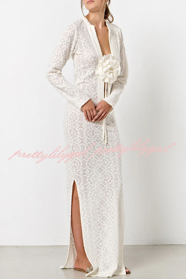 Spanish Breeze Lace Deep V Neck Long Sleeve Maxi Dress with Removable Flowers & High Slit - Perfect for Beach Vacations, Summer Weddings & Boho Photoshoots