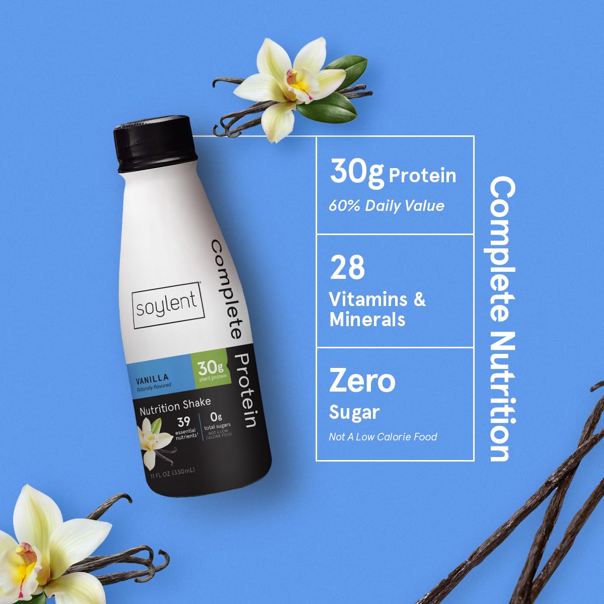 Soylent Complete Protein Shake Vanilla - 30g Plant-Based Vegan Protein, Dairy Free, Zero Sugar, Ready to Drink Meal Replacement (11oz, 12 Pack) - Perfect for Post-Workout Recovery, Busy Mornings & On-the-Go Nutrition