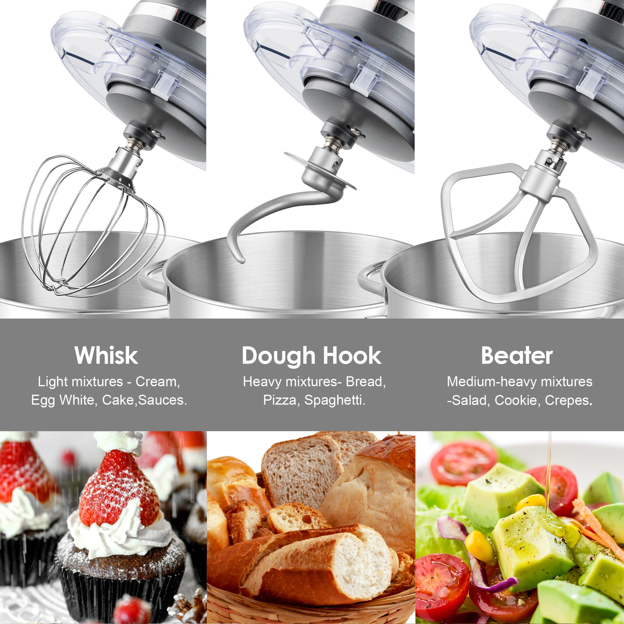 Aucma 6.5-QT 660W Stand Mixer - 6-Speed Tilt-Head Electric Kitchen Mixer with Dough Hook, Wire Whip & Beater (Gray) - Perfect for Baking Cakes, Cookies, Bread & More