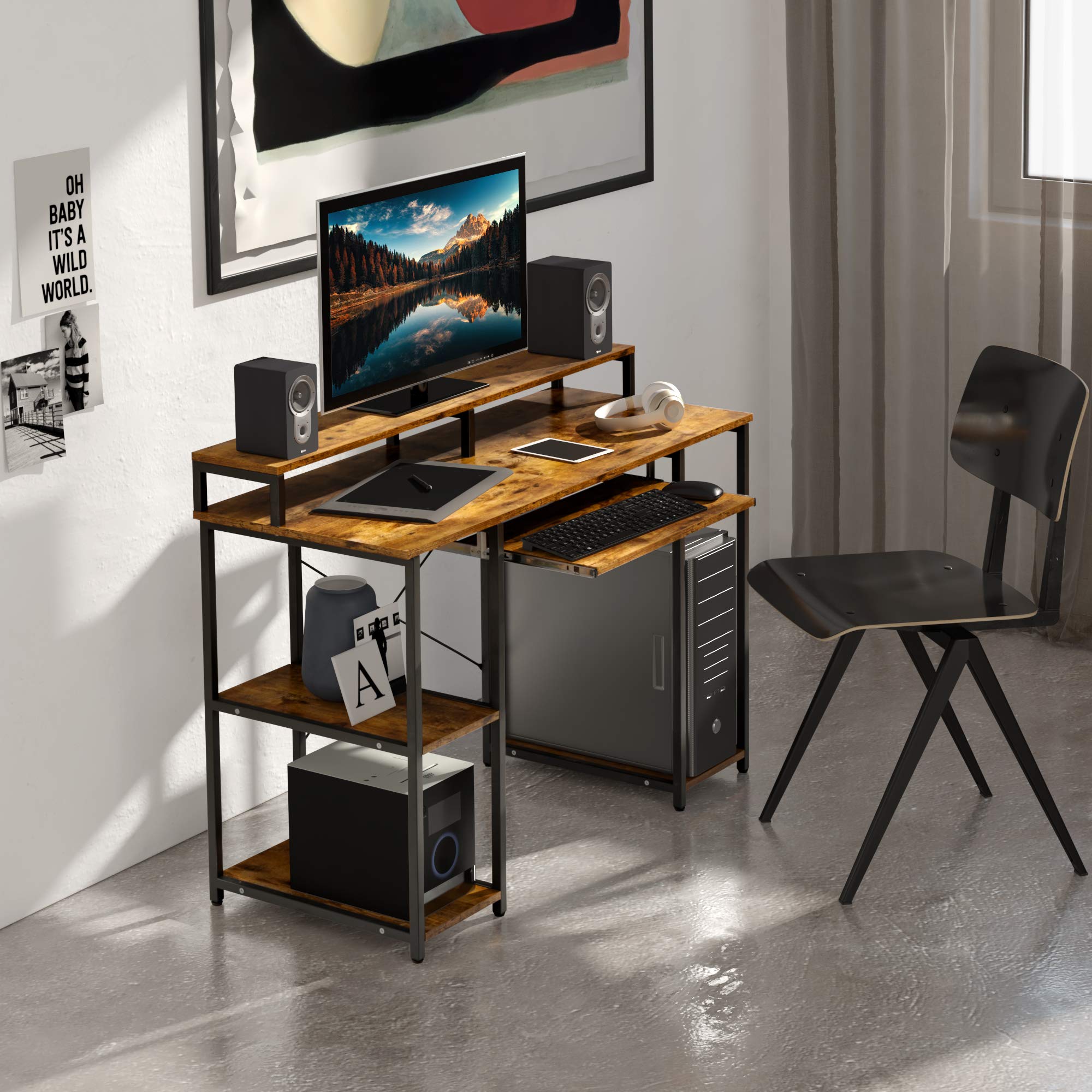 HONOOR 46.5 Inch Computer Desk with Storage Shelves, Keyboard Tray & Hutch Shelf - Modern Home Office Desk with Monitor Stand, Black Metal Frame & Rustic Brown Finish - Perfect for Small Spaces, Gaming Setup and Remote Work