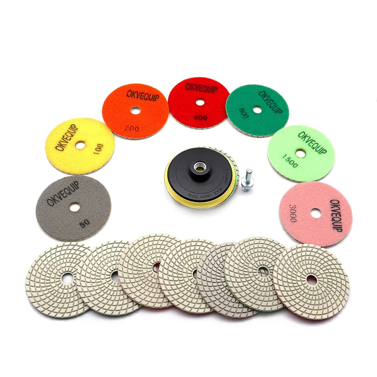 8Pcs Diamond Polishing Pads Set - 4 Inch Wet/Dry for Granite, Marble, Quartz, Concrete - 50# to 3000# Grit with 5/8