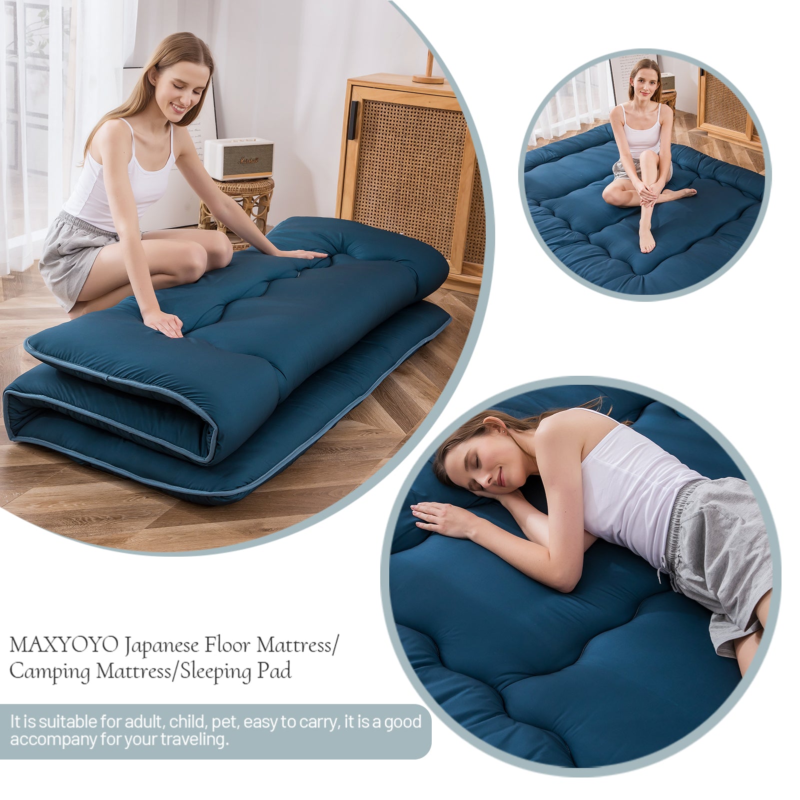 MAXYOYO Portable Futon Mattress - Japanese Floor Mattress for Guest Bed, Camping & Travel | Bluestone Blue | Lightweight & Foldable Sleeping Pad