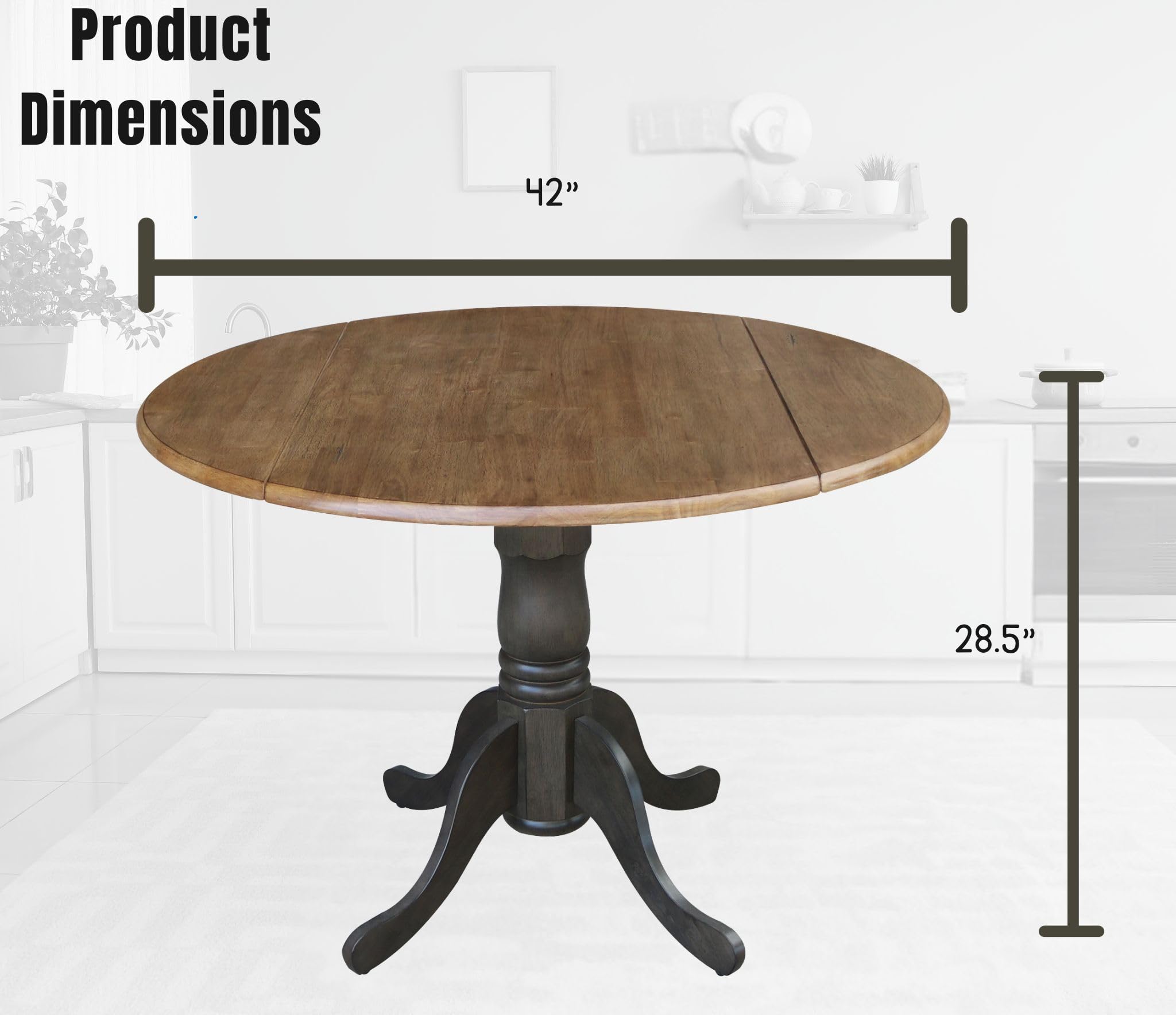 42 Inch Dual Drop Leaf Dining Table - Solid Hickory & Washed Coal Finish - Expandable Space-Saving Design for Small Kitchens, Apartments, and Dining Rooms