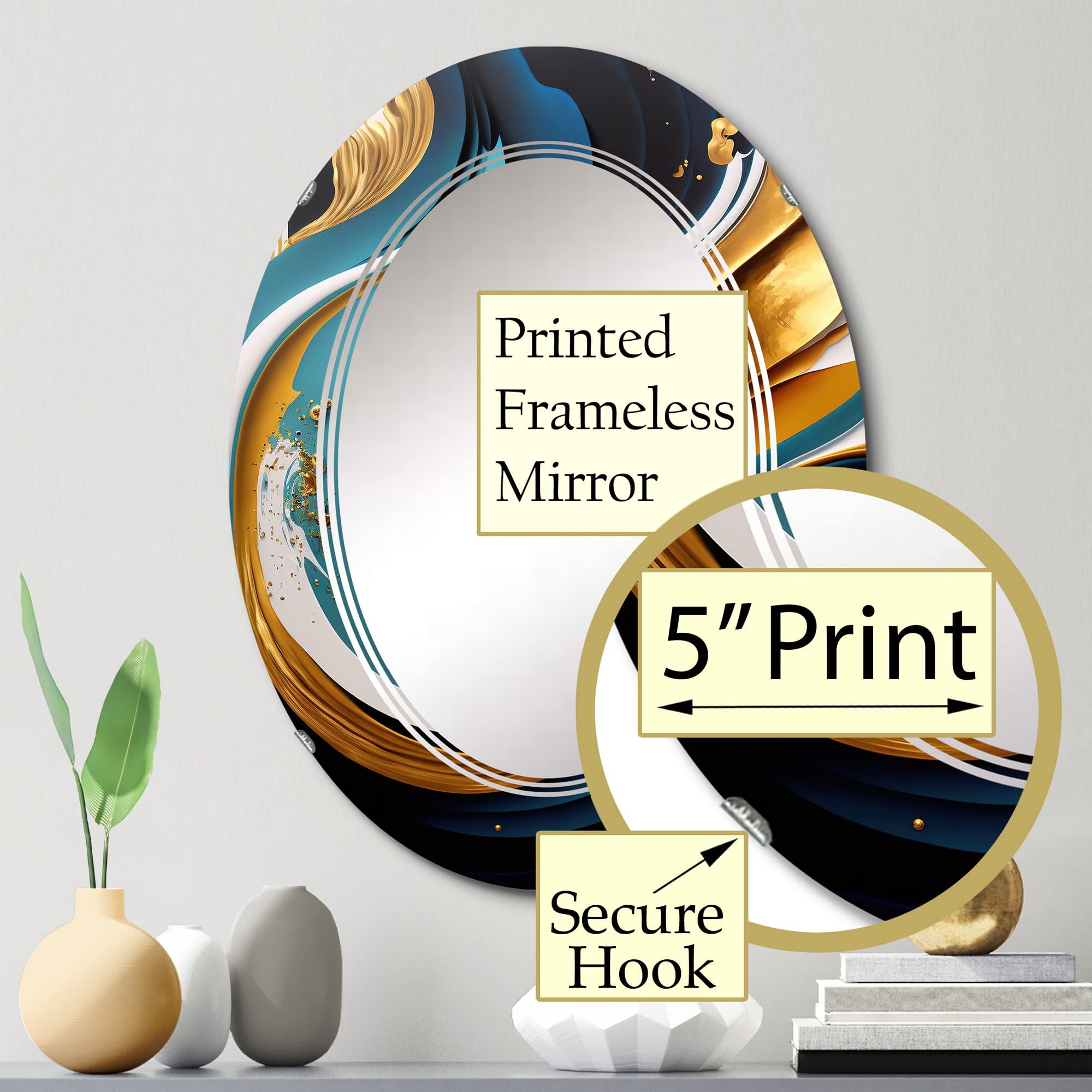 Blue and Gold Modern Abstract Art Vanity Mirror - Oval Bathroom & Wall Mirror for Living Room, Bedroom - Large 20x30 & 24x36 Inches - Perfect for Home Decor, Makeup Station & Accent Wall