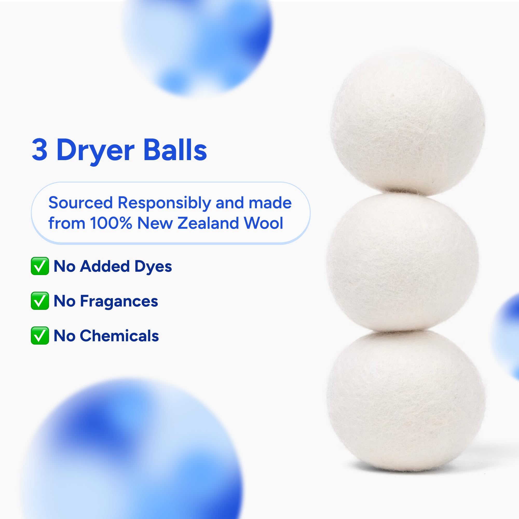 XL Wool Dryer Balls 3-Pack | 100% Pure New Zealand Sheep Wool | Hypoallergenic & Eco-Friendly | Unscented Laundry Helper | Softens Clothes & Reduces Static | Perfect for Baby Clothes, Delicates & Sustainable Laundry