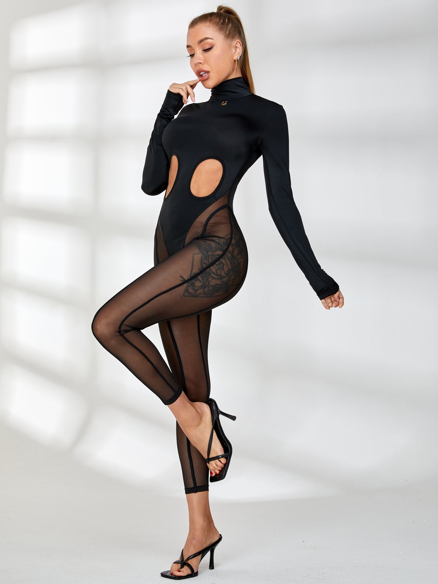 ZASUWA Women's Sexy Cutout Mesh Zipper Bodysuit Jumpsuit - Clubwear, Night Out, Party Outfit, Halloween Costume