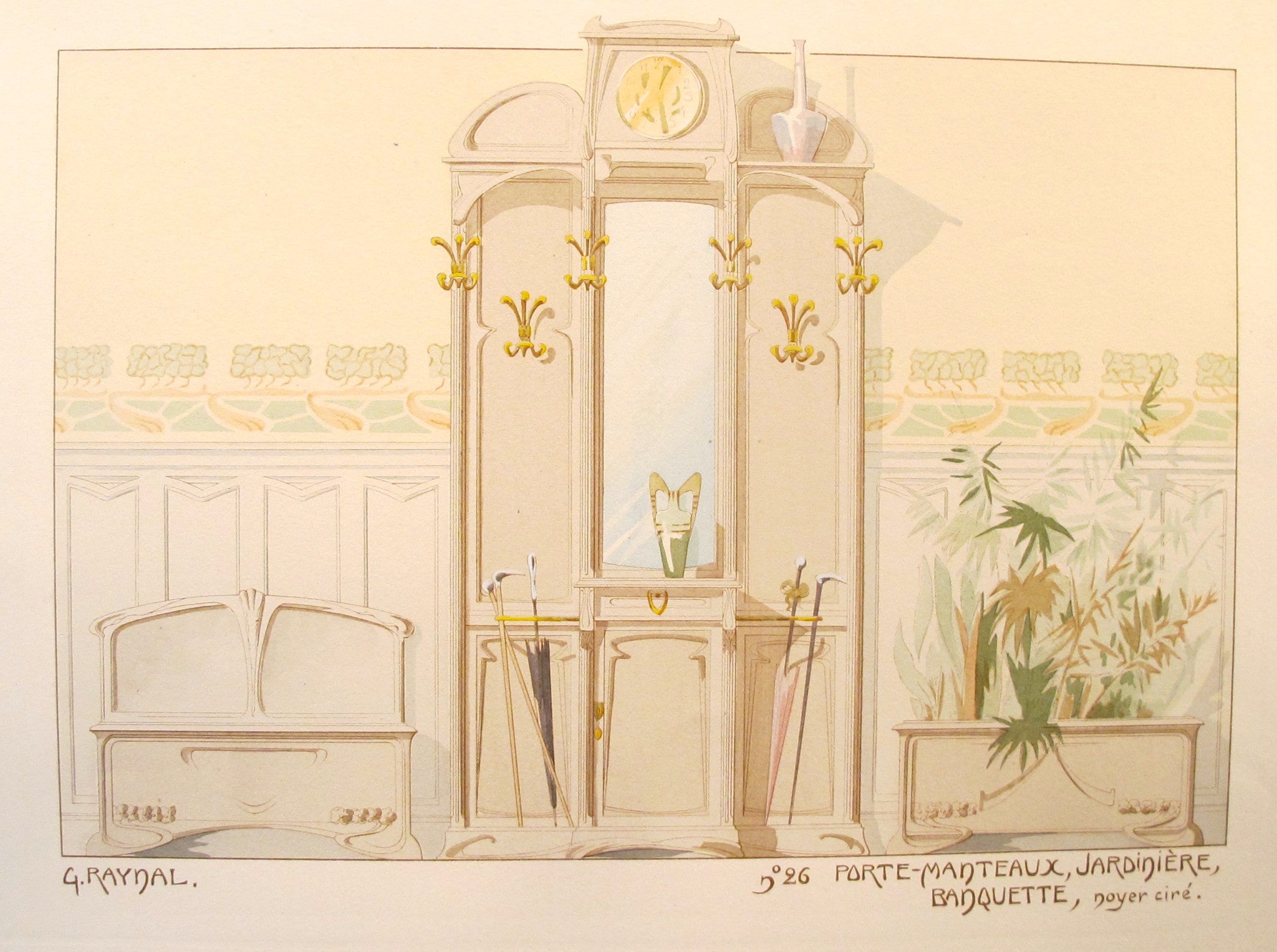1900 French Art Nouveau Interior Design Print - Plate 26 Coatrack & Bench by G. Raynal | Vintage Home Decor & Wall Art for Living Room, Bedroom, Office