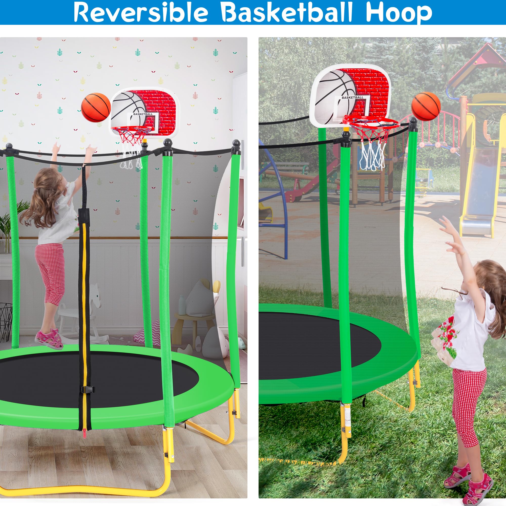 Merax 66'' Kids Trampoline with Basketball Hoop & Safety Enclosure Net - 5.5FT Mini Trampoline for Toddlers Ages 1-8 | Indoor/Outdoor Bounce Toy with Rubber Ball | Perfect Birthday Gift for Active Kids | Great for Backyard Play, Exercise & Birthday Parties