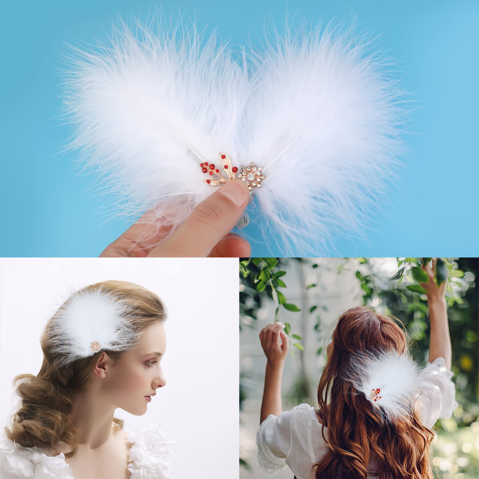 MWOOT 4Pcs White Feather Fascinators Hair Clips - Handmade Rhinestone Hair Accessories for Women & Girls | Wedding, Prom, Party, Cosplay Hairpins & Barrettes