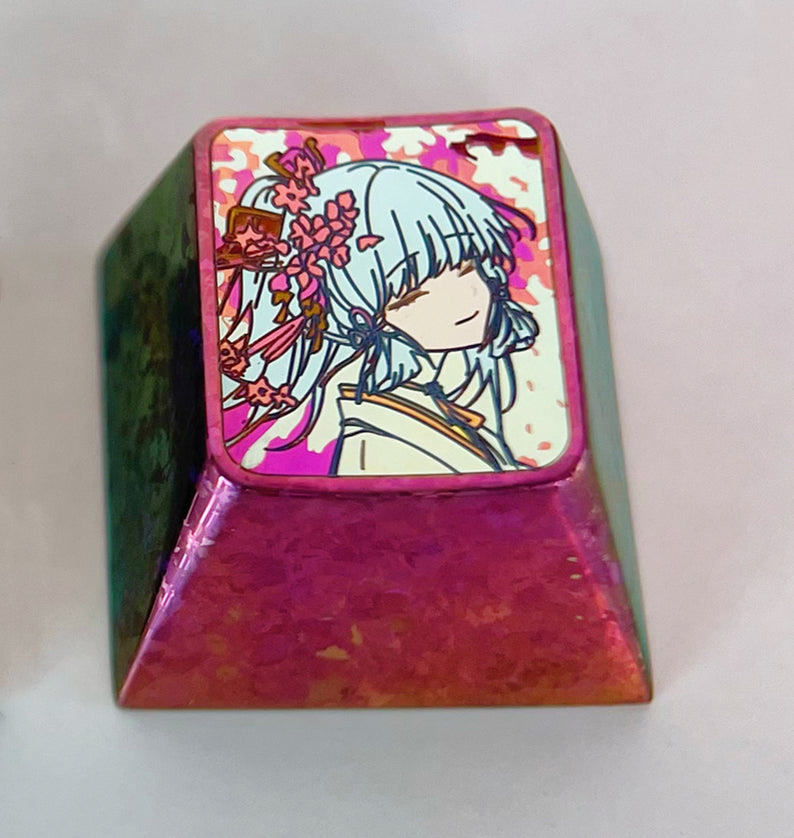 Colorful Titanium Alloy Kamisato Ayaka Sakura Custom Keycaps for Mechanical Keyboards - Anime Themed Carved Cherry Blossom Keycaps for Gaming & Typing Enthusiasts