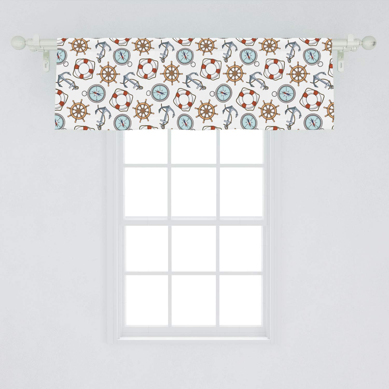Ambesonne Nautical Compass Window Valance - Ship Steering Wheel & Anchor Marine Design Curtain Valance with Rod Pocket (54