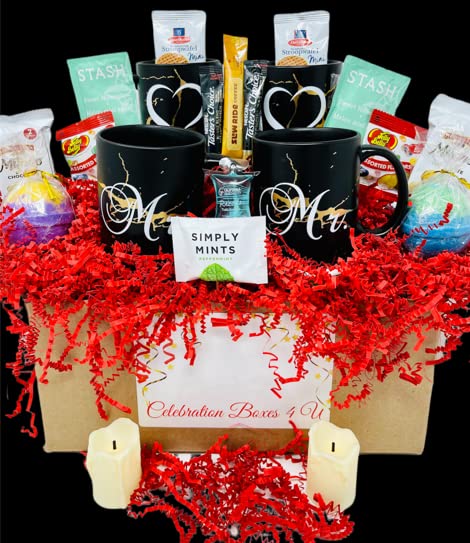 Mr & Mr Wedding Gift Basket - Bridal Engagement Themed Set with Battery Operated Candles, Keepsake Coffee Mugs, Bath Bombs, Lubricants, Milano Cookies & Assorted Snacks - Perfect for Couples, Anniversaries & Romantic Celebrations