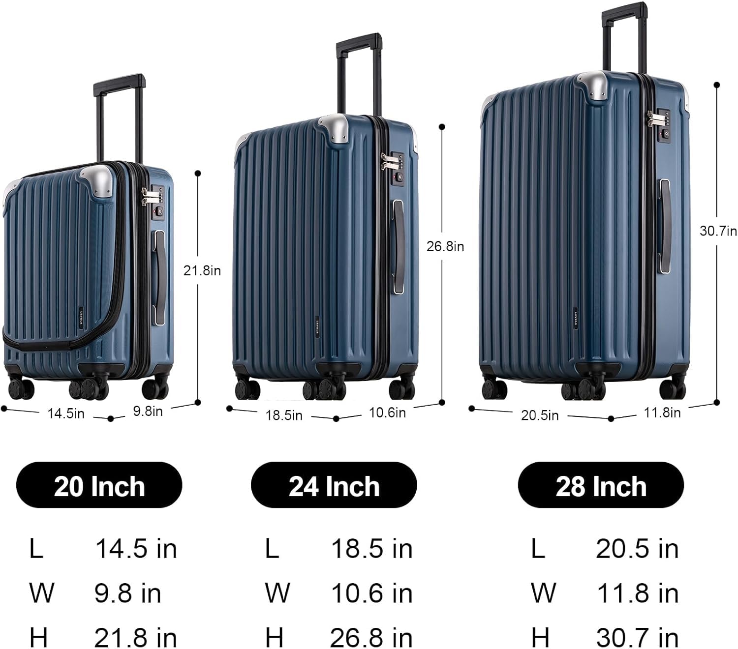 LEVEL8 Grace 3-Piece Hardshell Luggage Set with TSA Lock & Spinner Wheels (20/24/28 Inch) - Expandable Carry-On & Checked Suitcases for Travel, Blue | Perfect for Business Trips, Family Vacations & International Travel