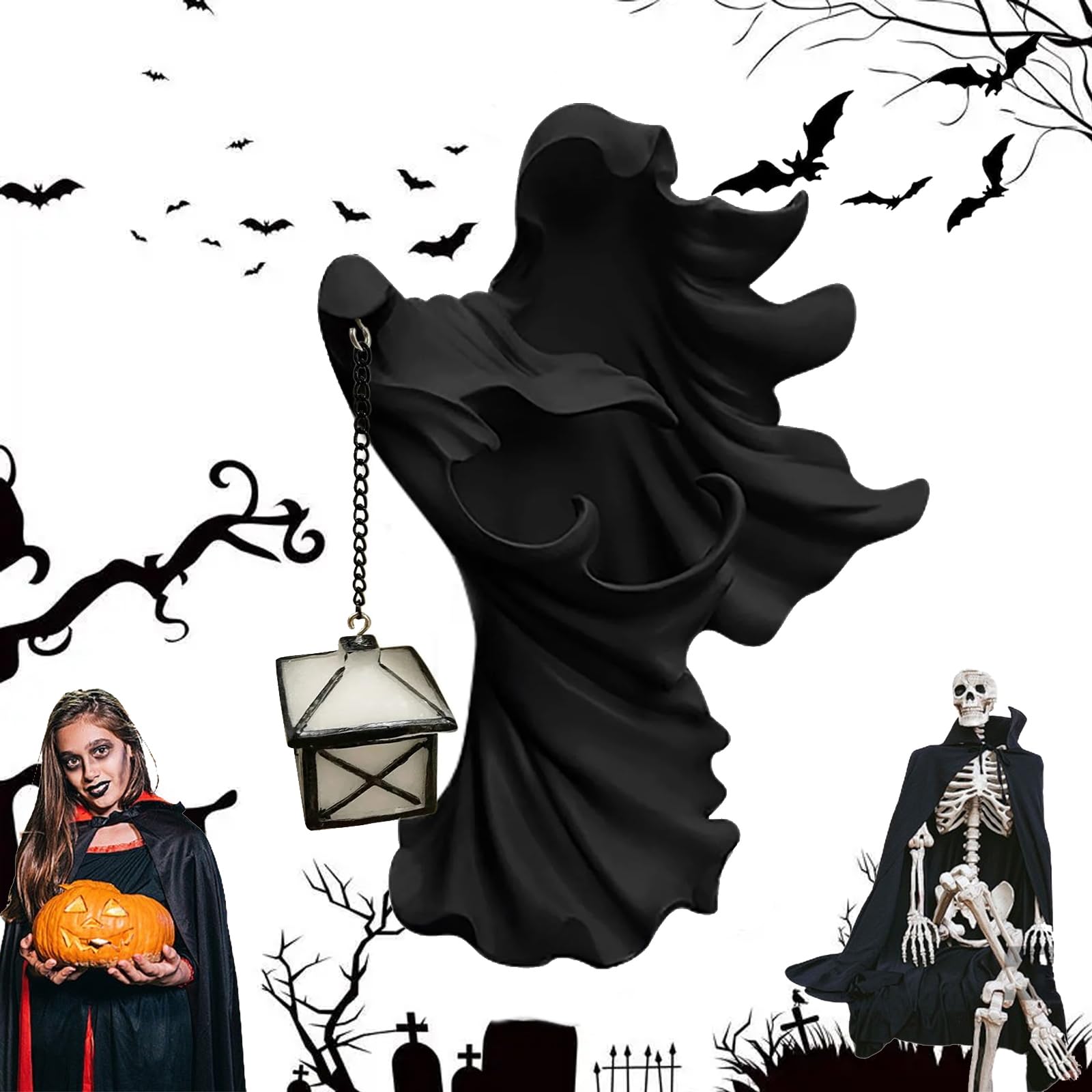 Halloween Cracker Barrel Ghost Decor with LED Lantern - Scary Witch Statue for Holiday Yard & Garden Decoration (Knight Black) - Perfect for Spooky Home Decor, Haunted House Parties, and Halloween Outdoor Displays